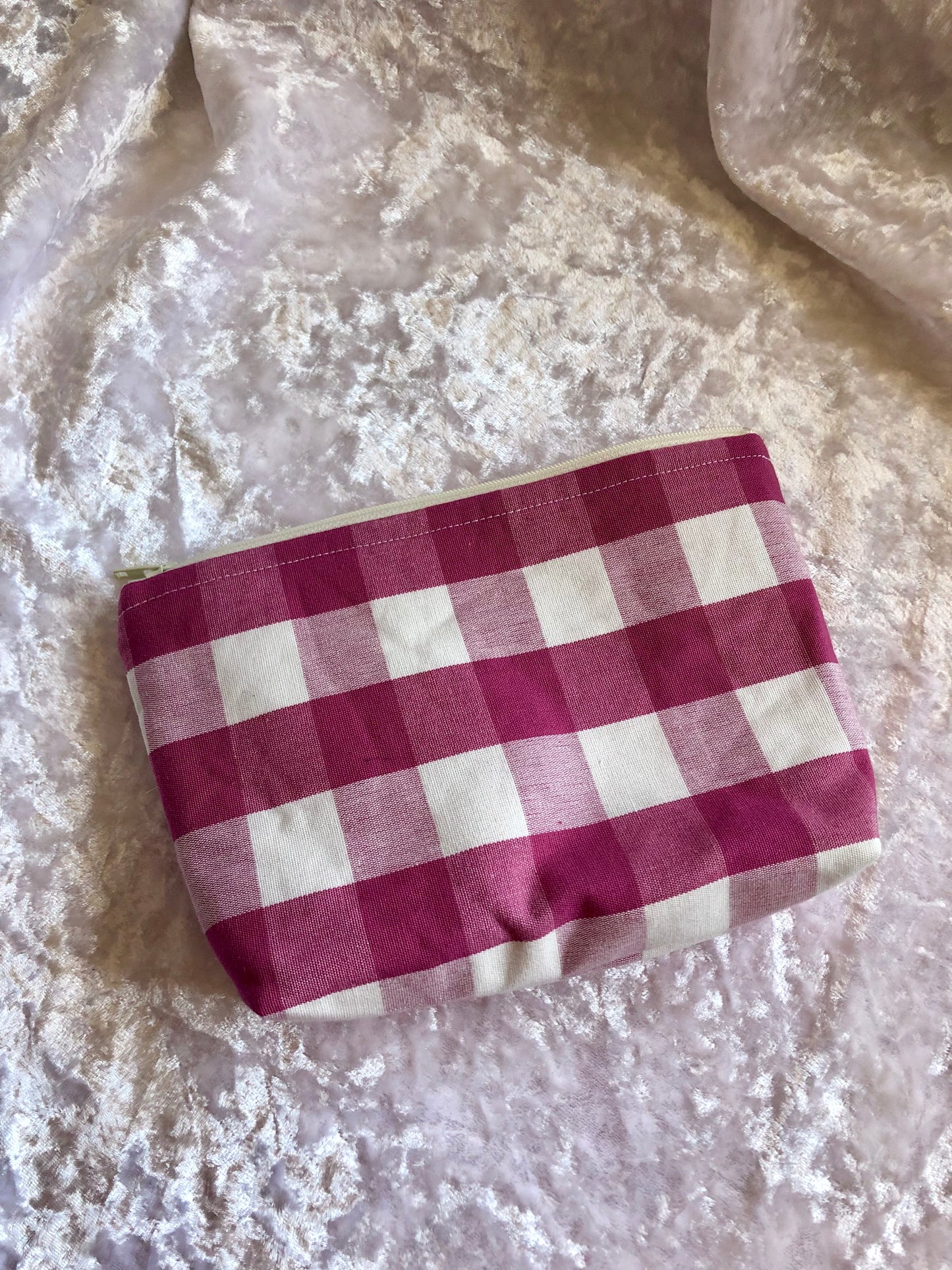 Raspberry Gingham zipped pouch/make up bag