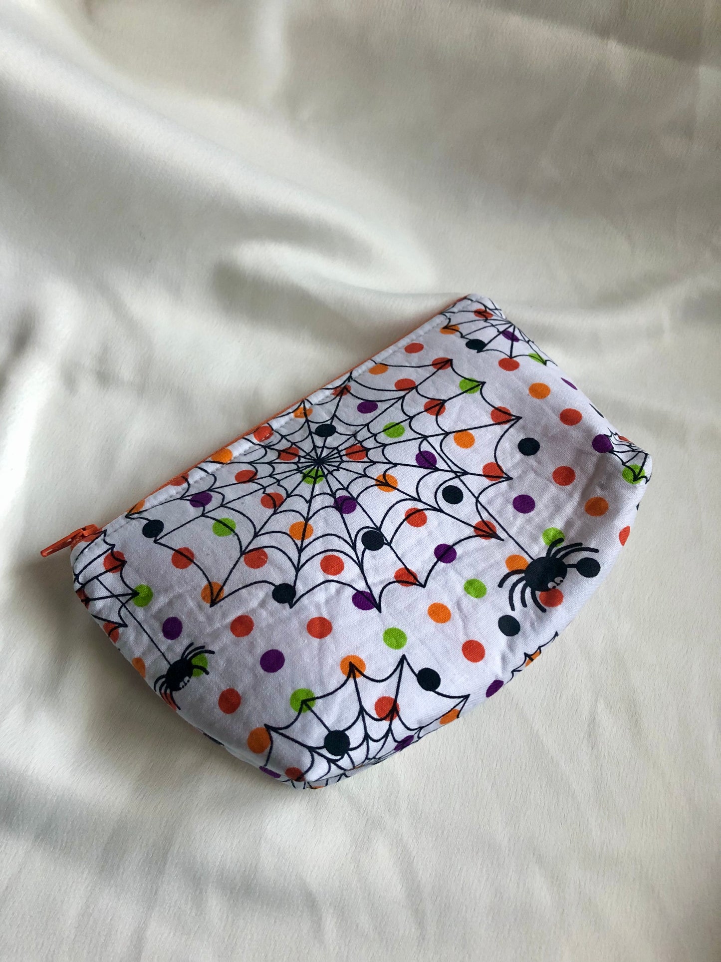 Colorful polka dots with spider webs print zipped pouch/make up bag (one of a kind, ready to ship)