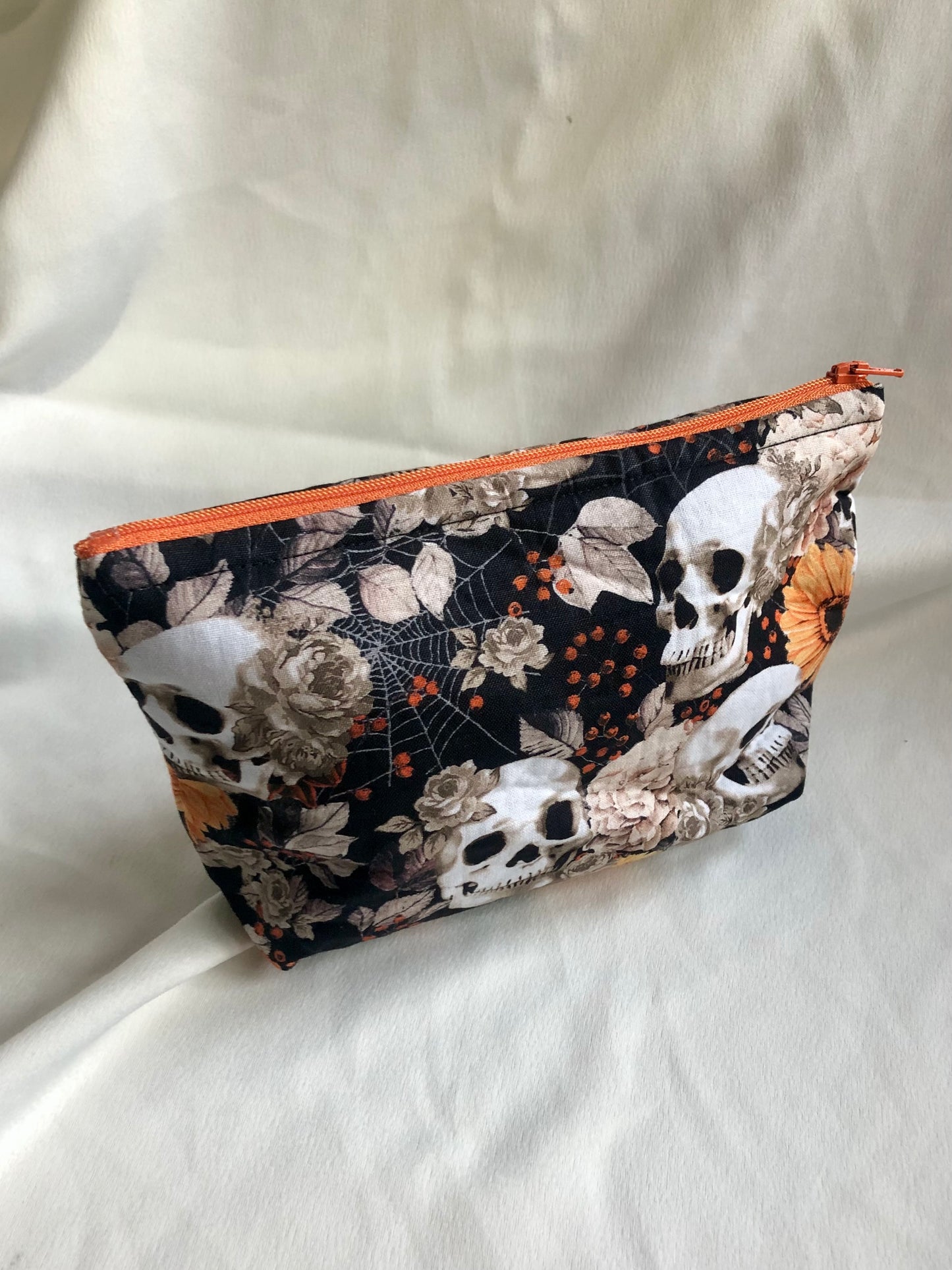 Grey skulls & autumn leaves zipped pouch/make up bag