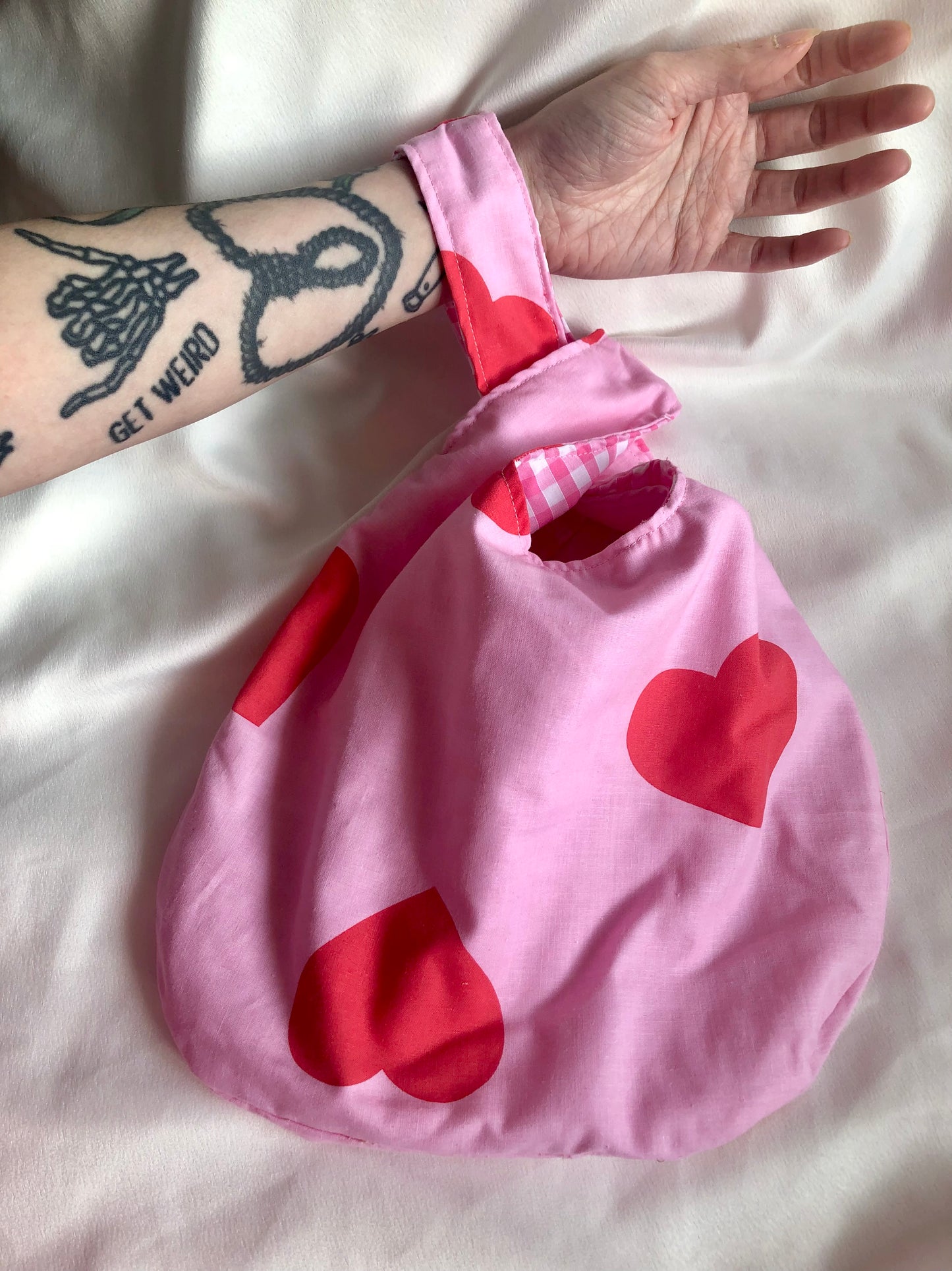 Pink with Red Hearts Reversible Knot Handbag