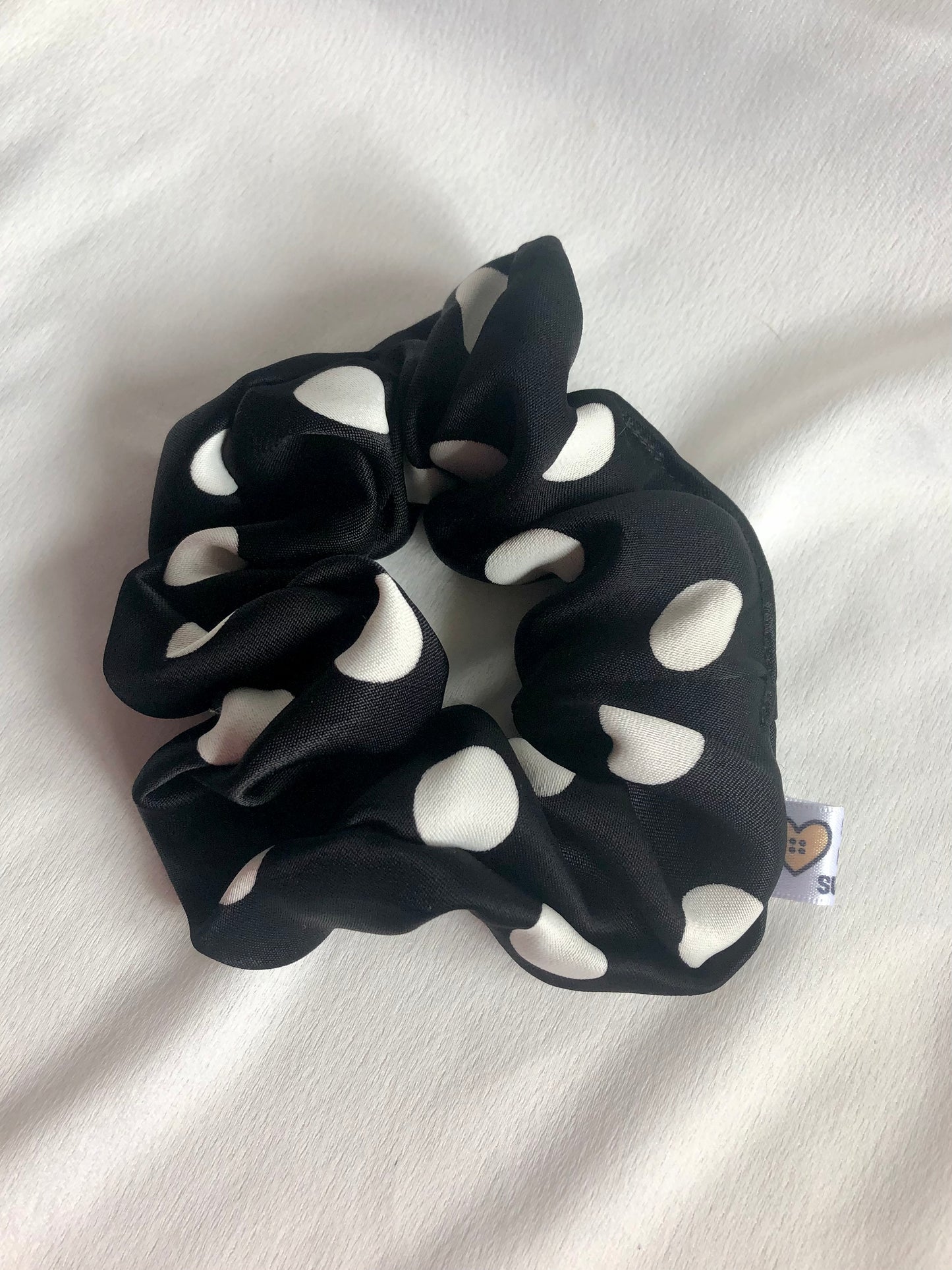 Black and White Polka Dot Satin Hair Scrunchie - choose size