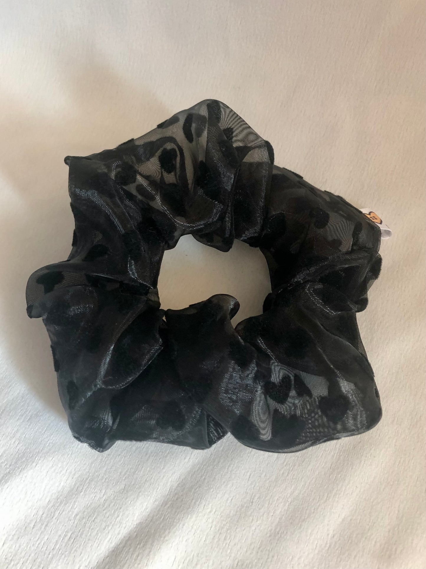 Black Velvet Hearts & Organza Hair Scrunchie - choose size