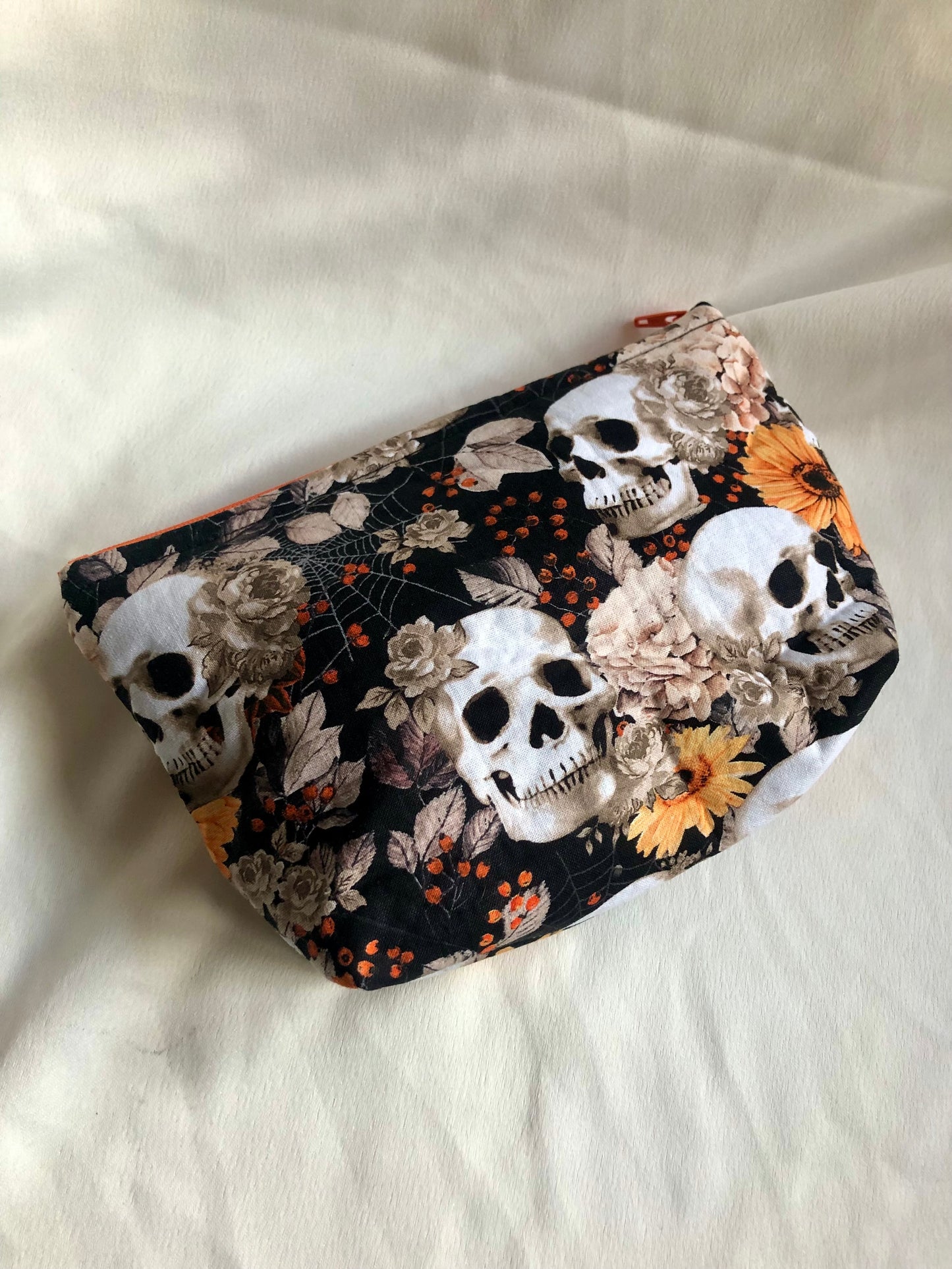 Grey skulls & autumn leaves zipped pouch/make up bag