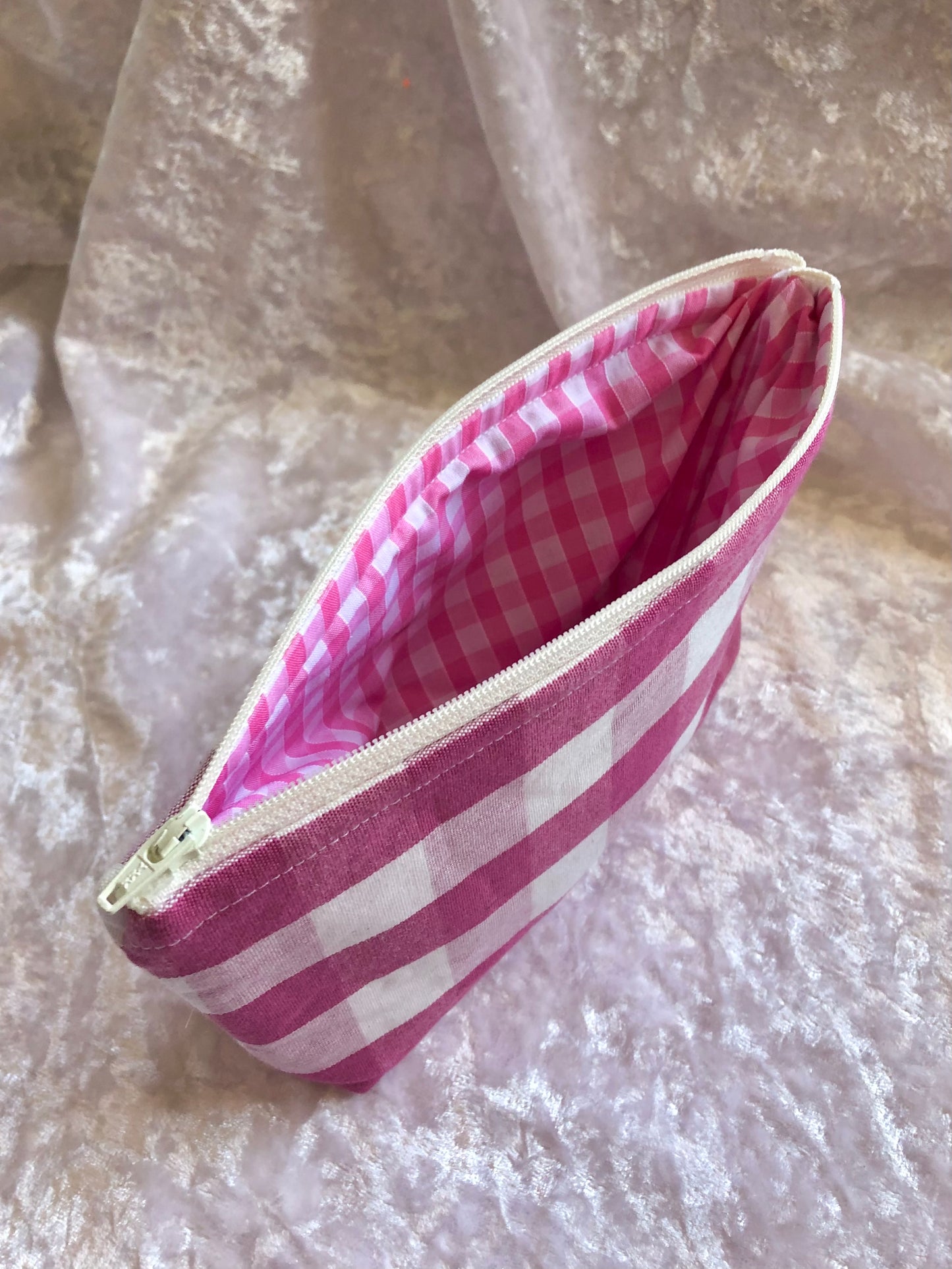 Raspberry Gingham zipped pouch/make up bag