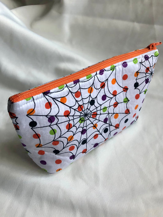 Colorful polka dots with spider webs print zipped pouch/make up bag (one of a kind, ready to ship)