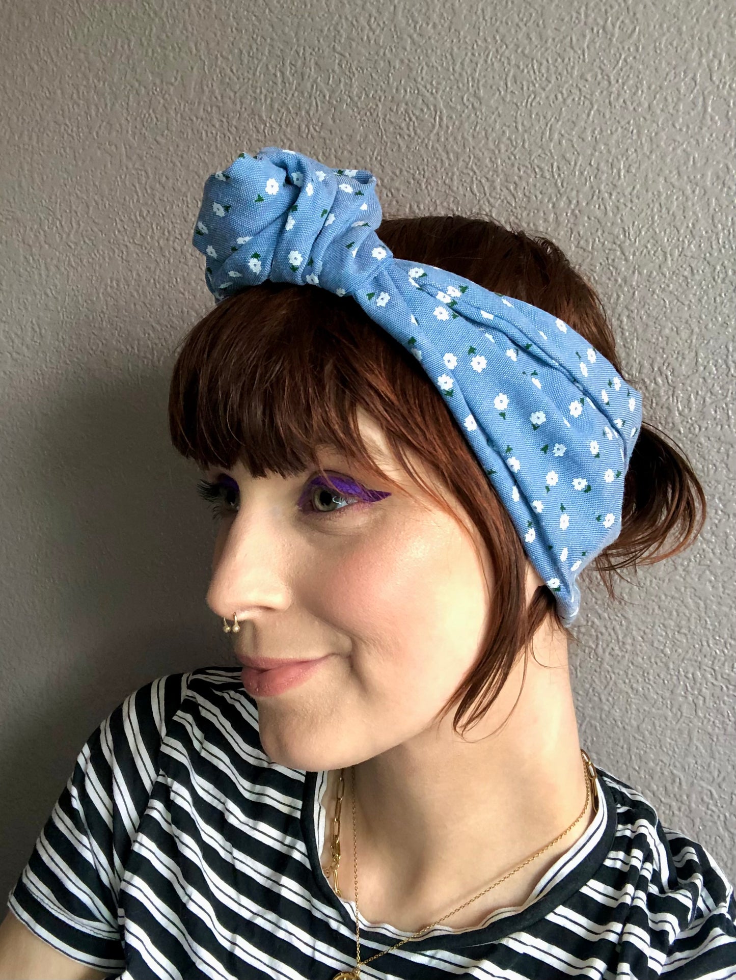 White ditsy floral print on blue denim wire wrap headband