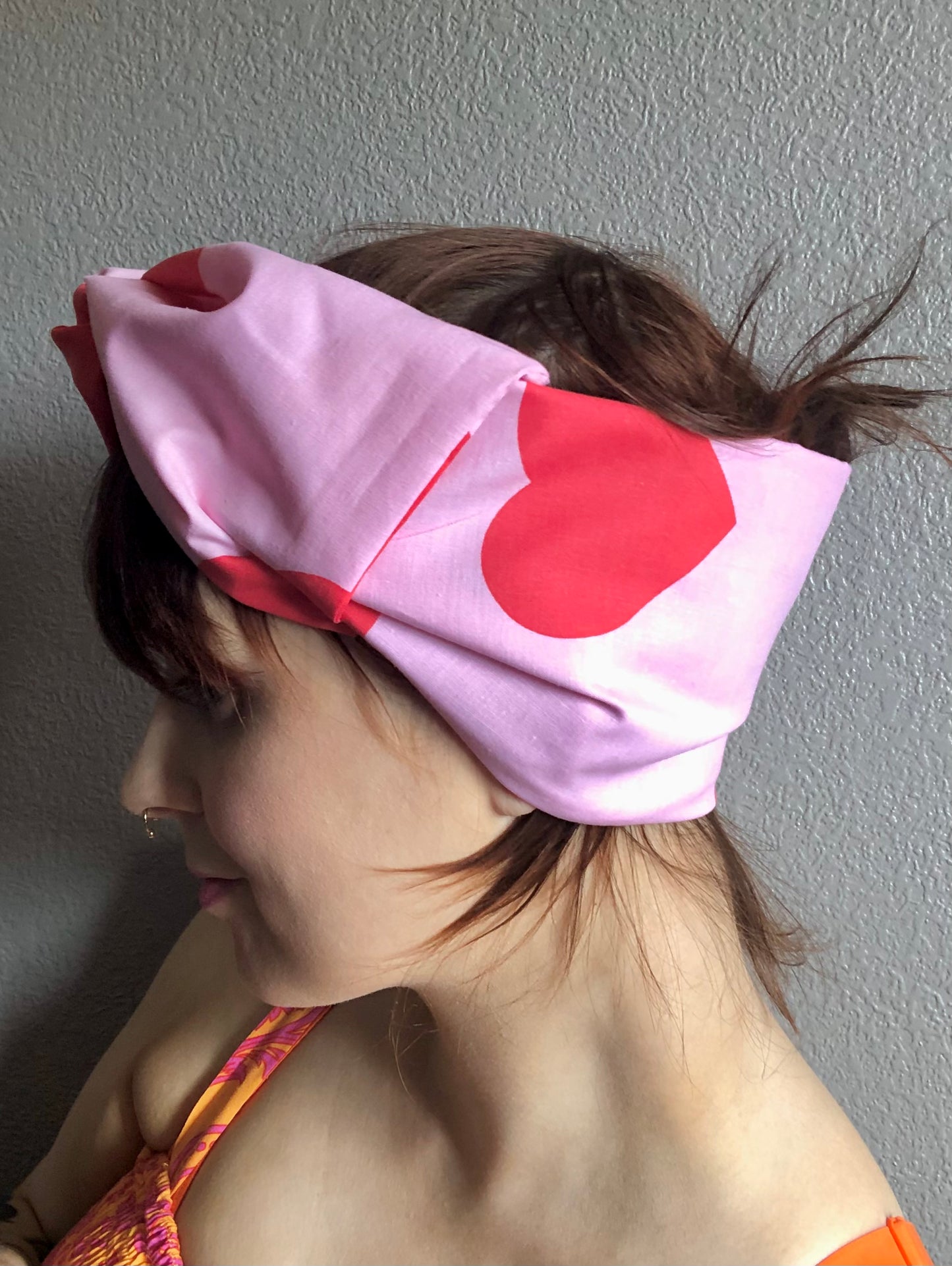Pink with red heart print wire wrap headband