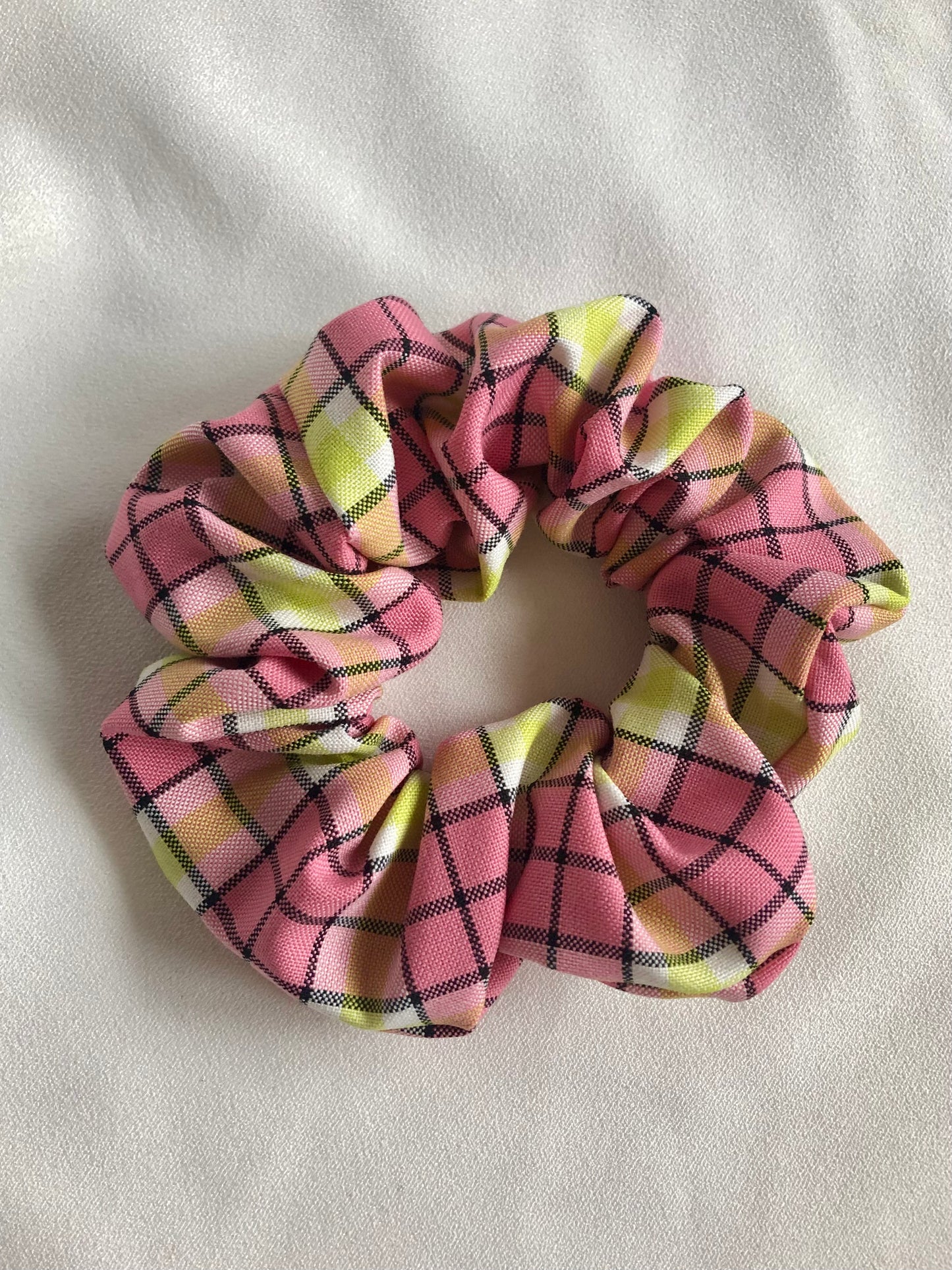 Cosmo Pink and Lime Tartan Print Scrunchie - choose size
