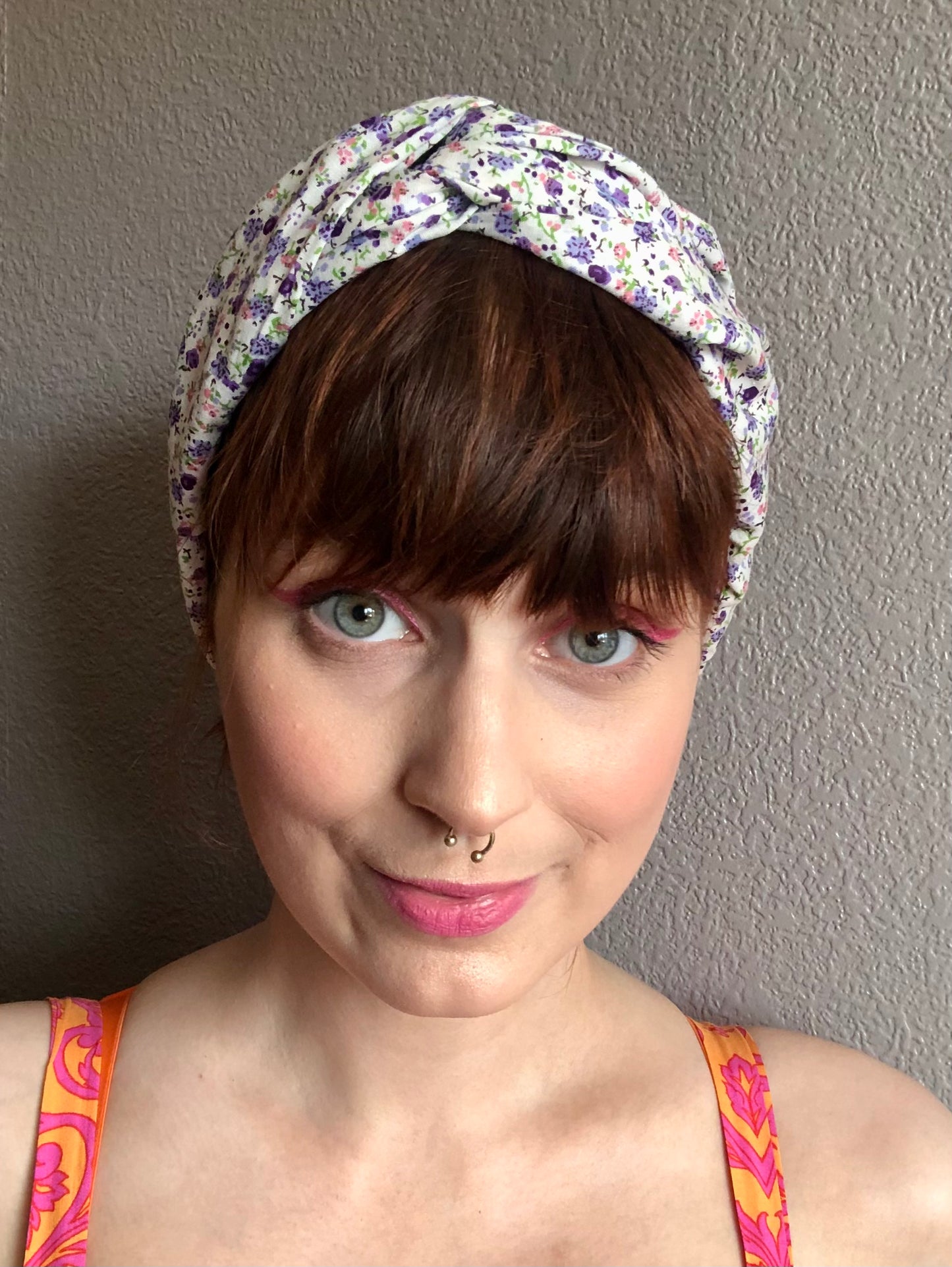 Lilac ditsy floral print on white wire wrap headband