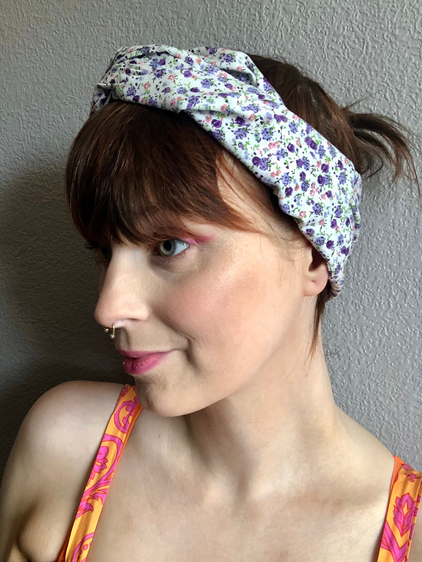 Lilac ditsy floral print on white wire wrap headband
