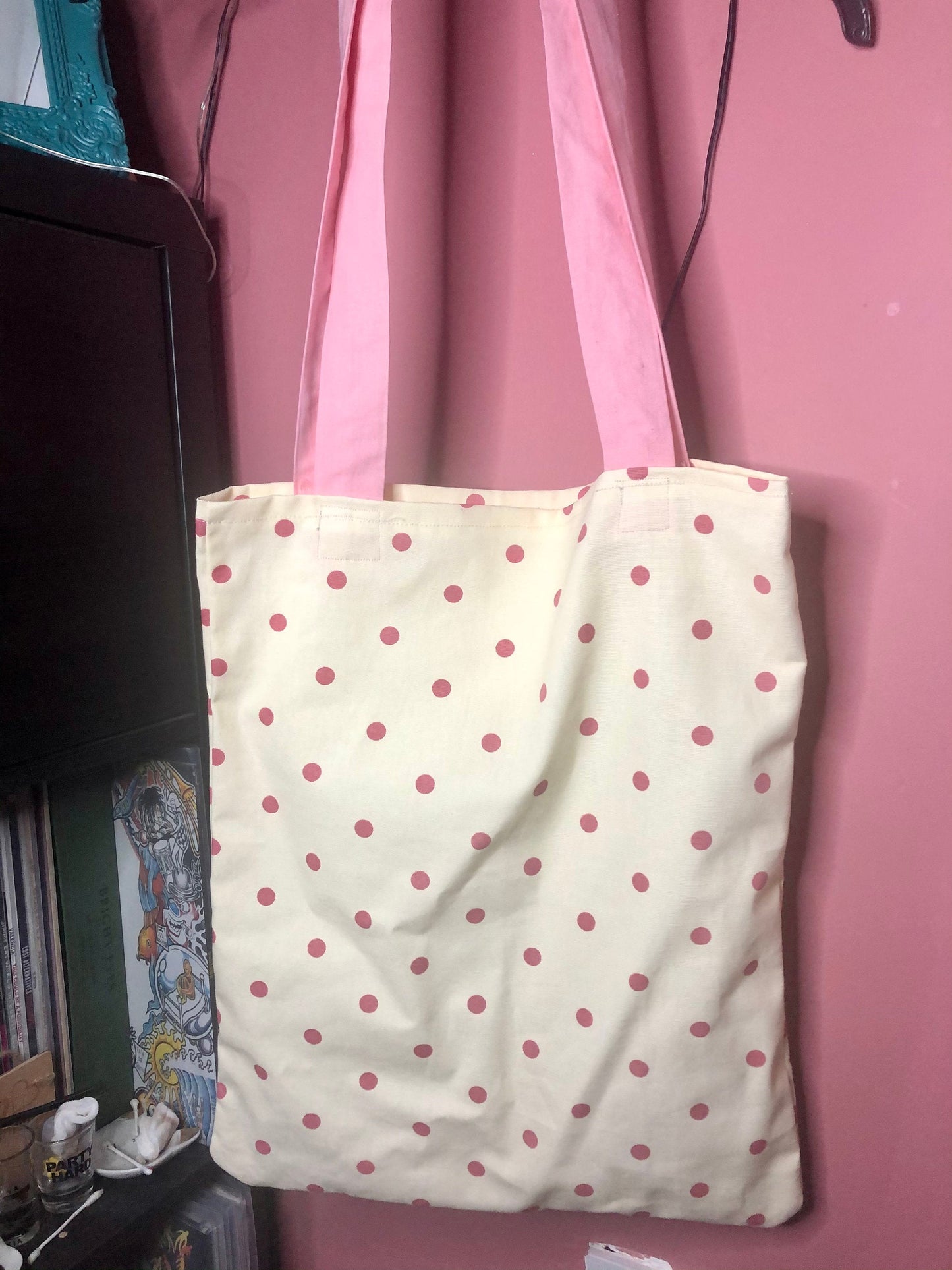 Large canvas Tote Bag, zero waste accessory, gifts for women, pink polka dot on cream, 100 percent cotton, Mother’s Day gift from daughter
