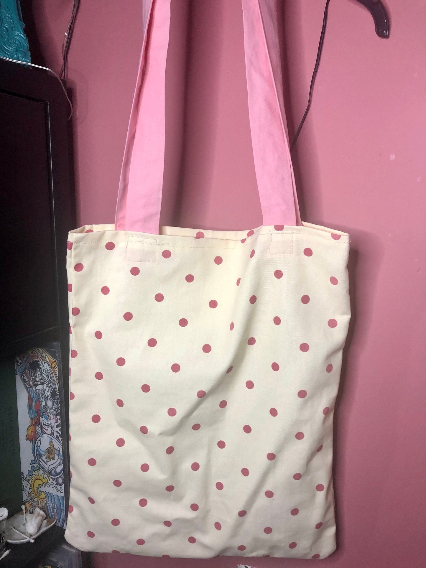 Large canvas Tote Bag, zero waste accessory, gifts for women, pink polka dot on cream, 100 percent cotton, Mother’s Day gift from daughter