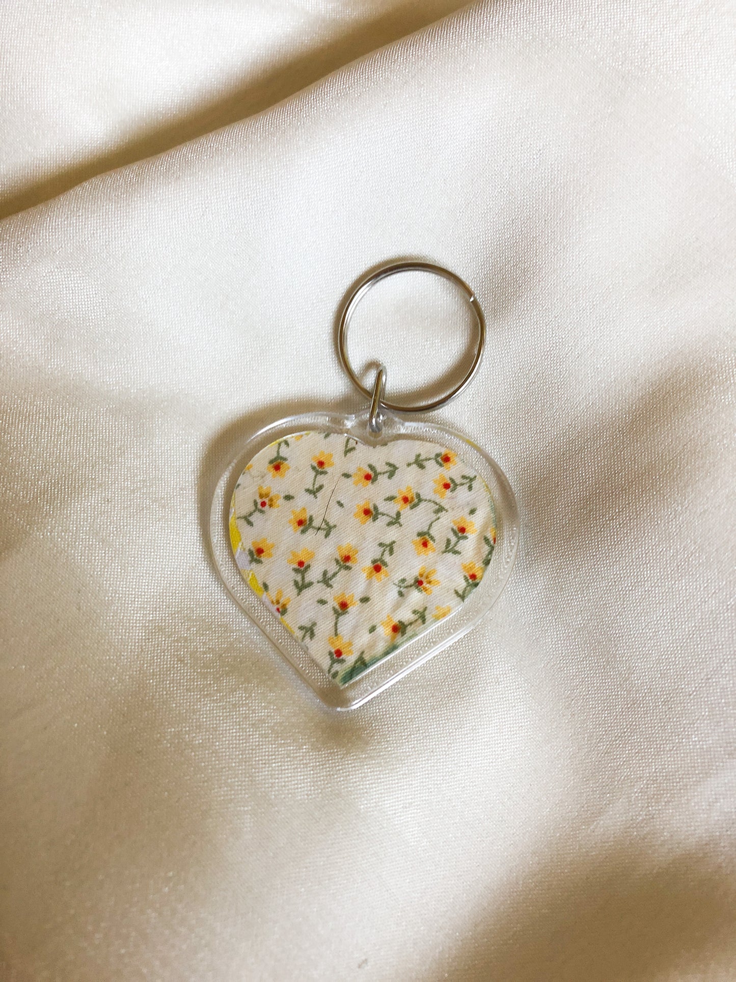 Heart Shaped Keyring - Yellow Sunflower - Upcycled - Duo Design