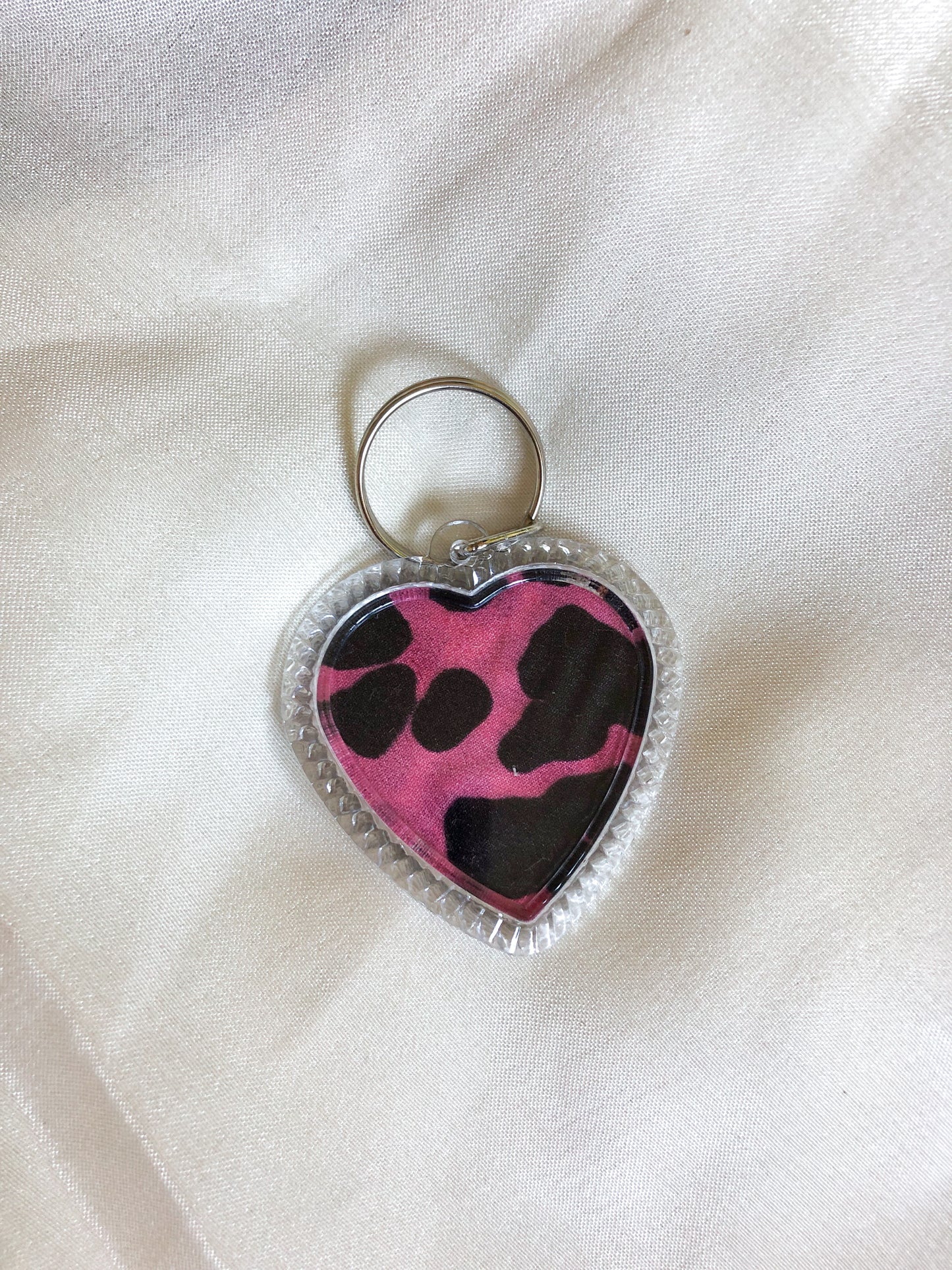 Heart Shaped Keyring - Pink Leopard - Upcycled - Duo Design
