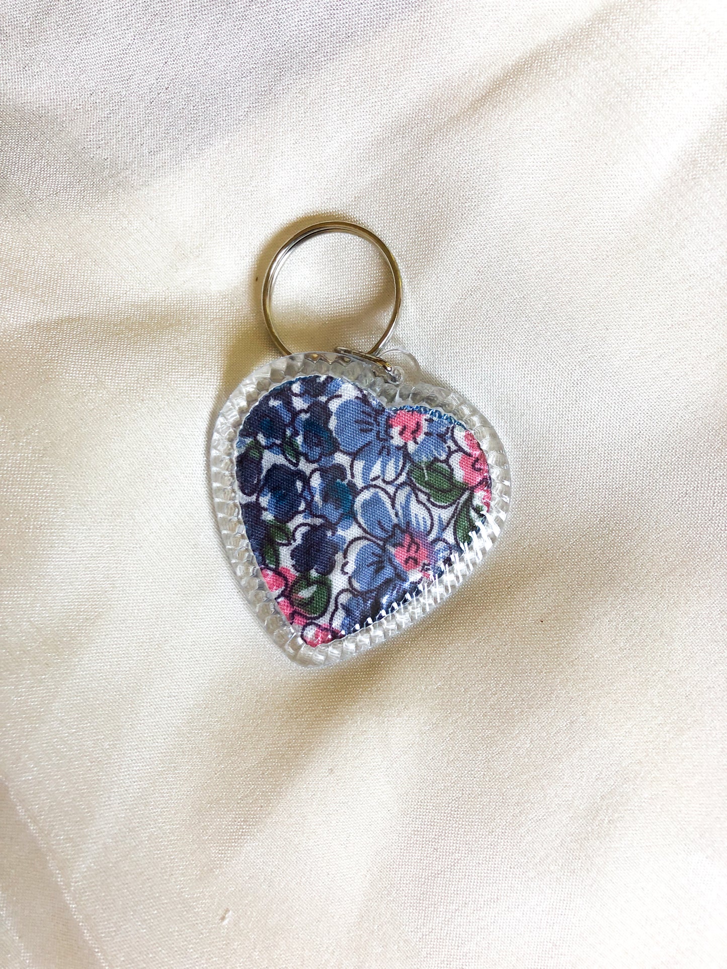Heart Shaped Keyring - Blue and Denim Floral - Upcycled - Duo Design