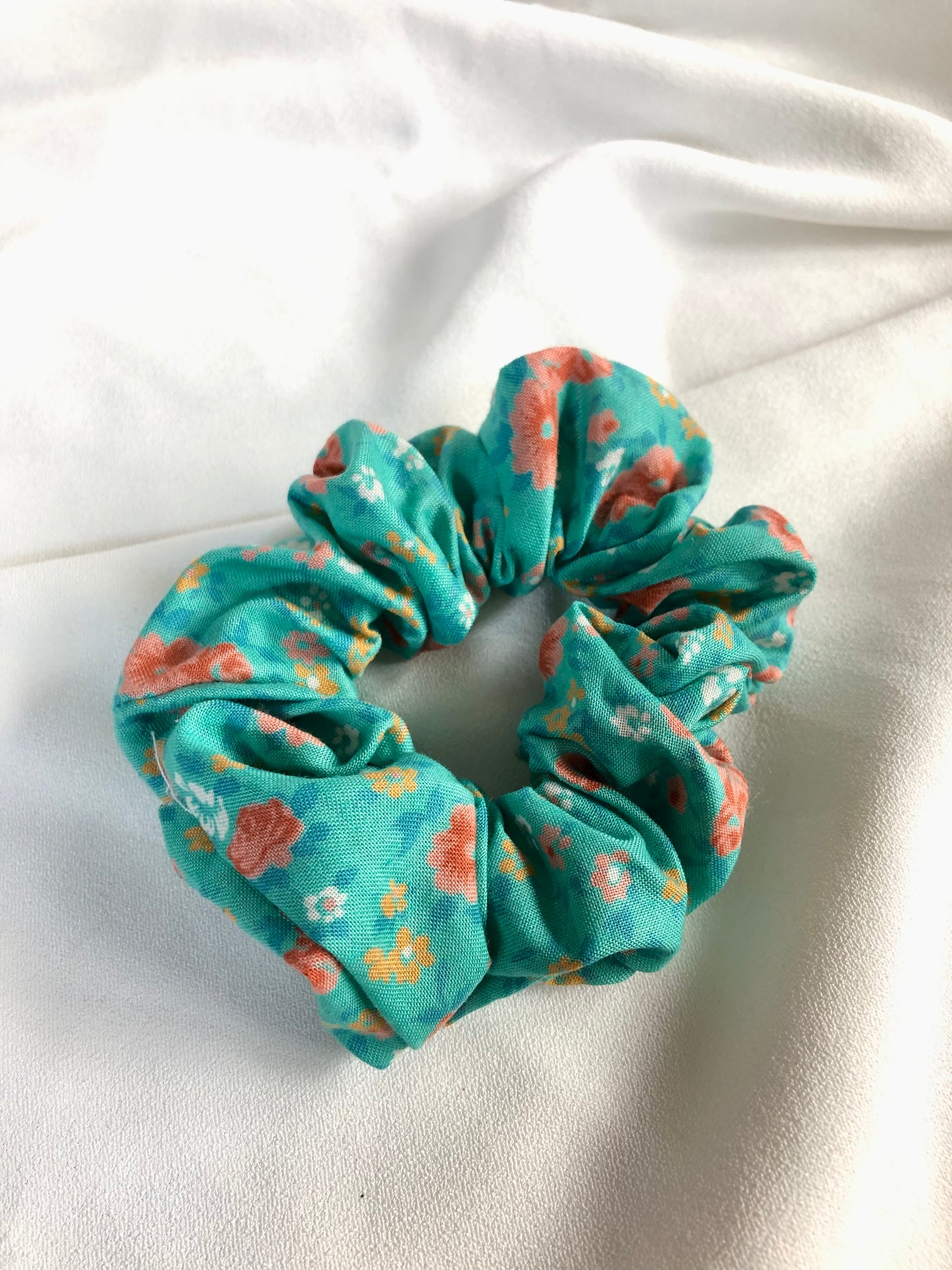 Turquoise and Coral Micro Floral Hair Scrunchie - deadstock - choose size