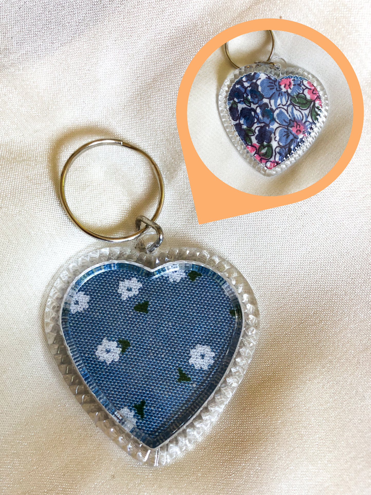 Heart Shaped Keyring - Blue and Denim Floral - Upcycled - Duo Design