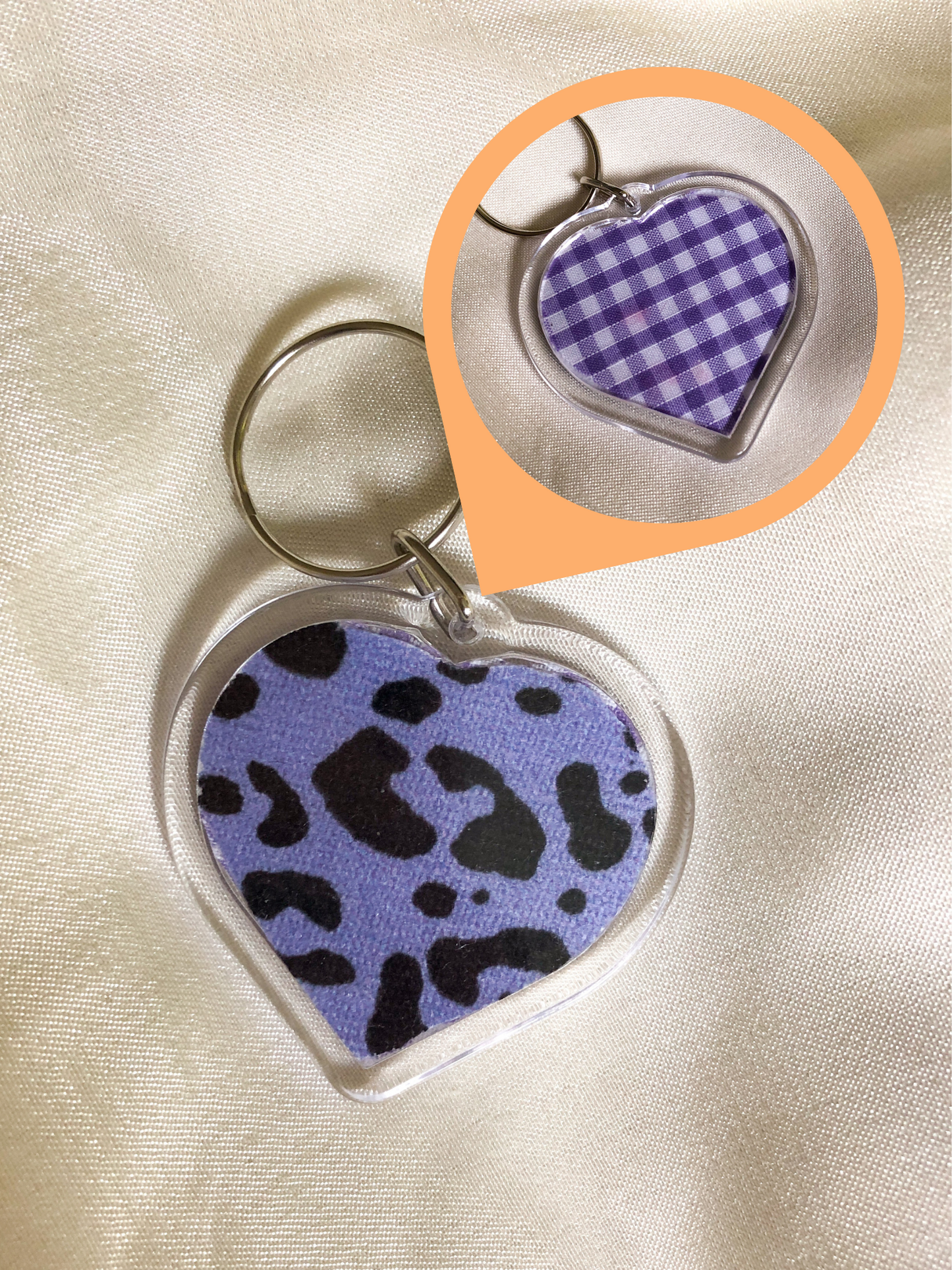 Heart Shaped Keyring - Lilac Leopard - Upcycled - Duo Design