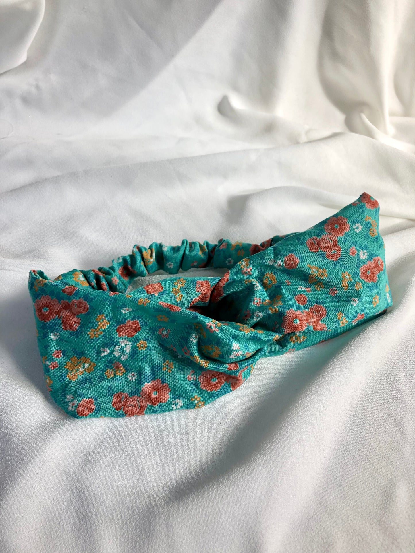Turquoise and Coral Micro Floral Stretch Headband - deadstock