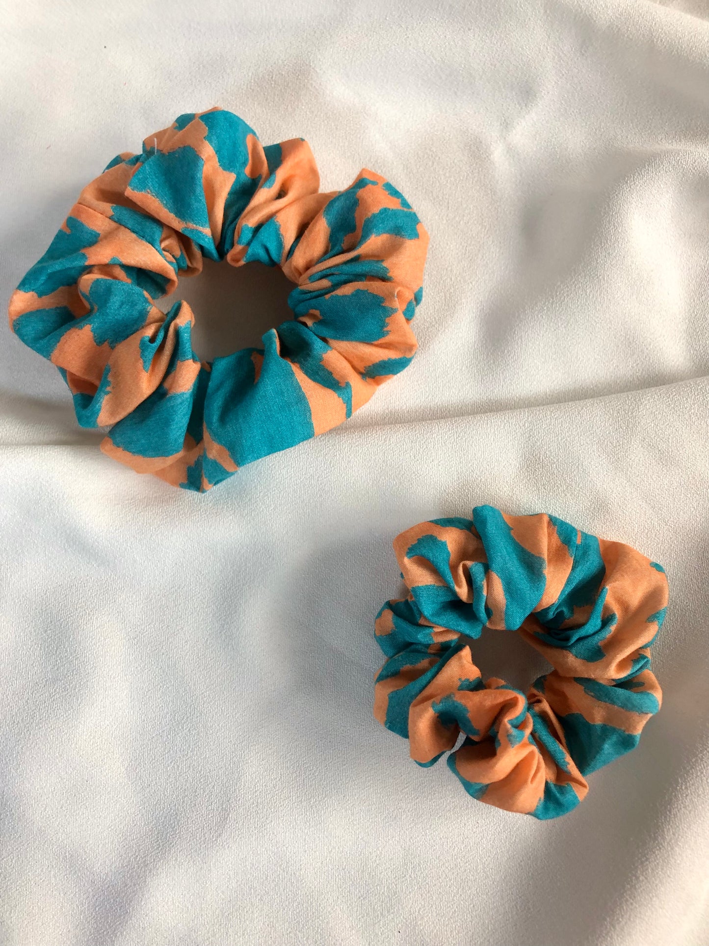 Orange and Turquoise Large Leopard Print Hair Scrunchie - deadstock - choose size
