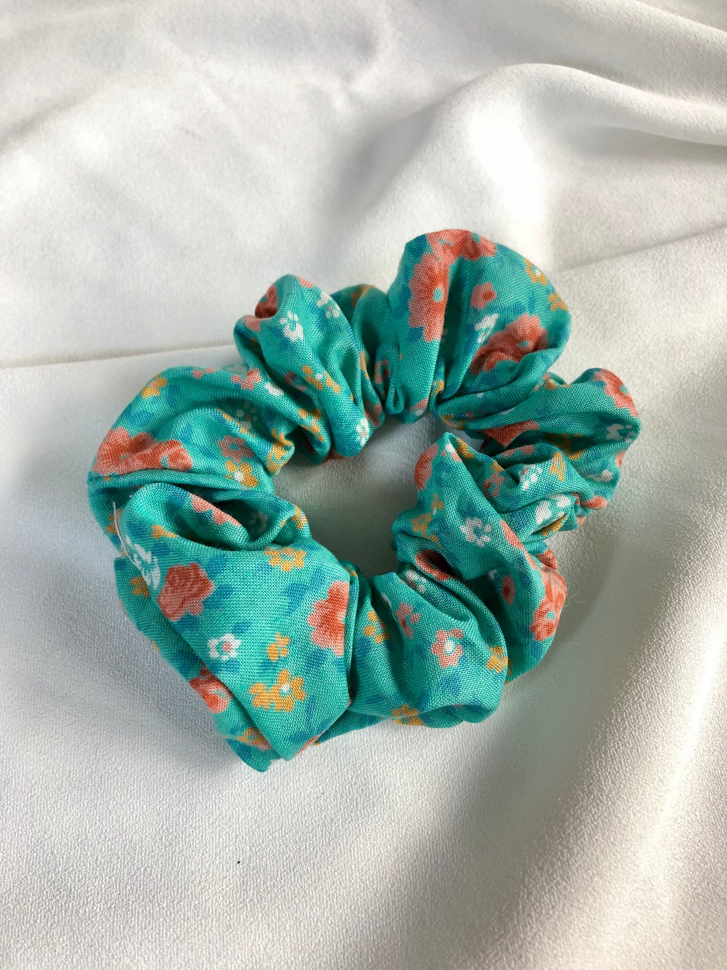 Turquoise and Coral Micro Floral Hair Scrunchie - deadstock - choose size