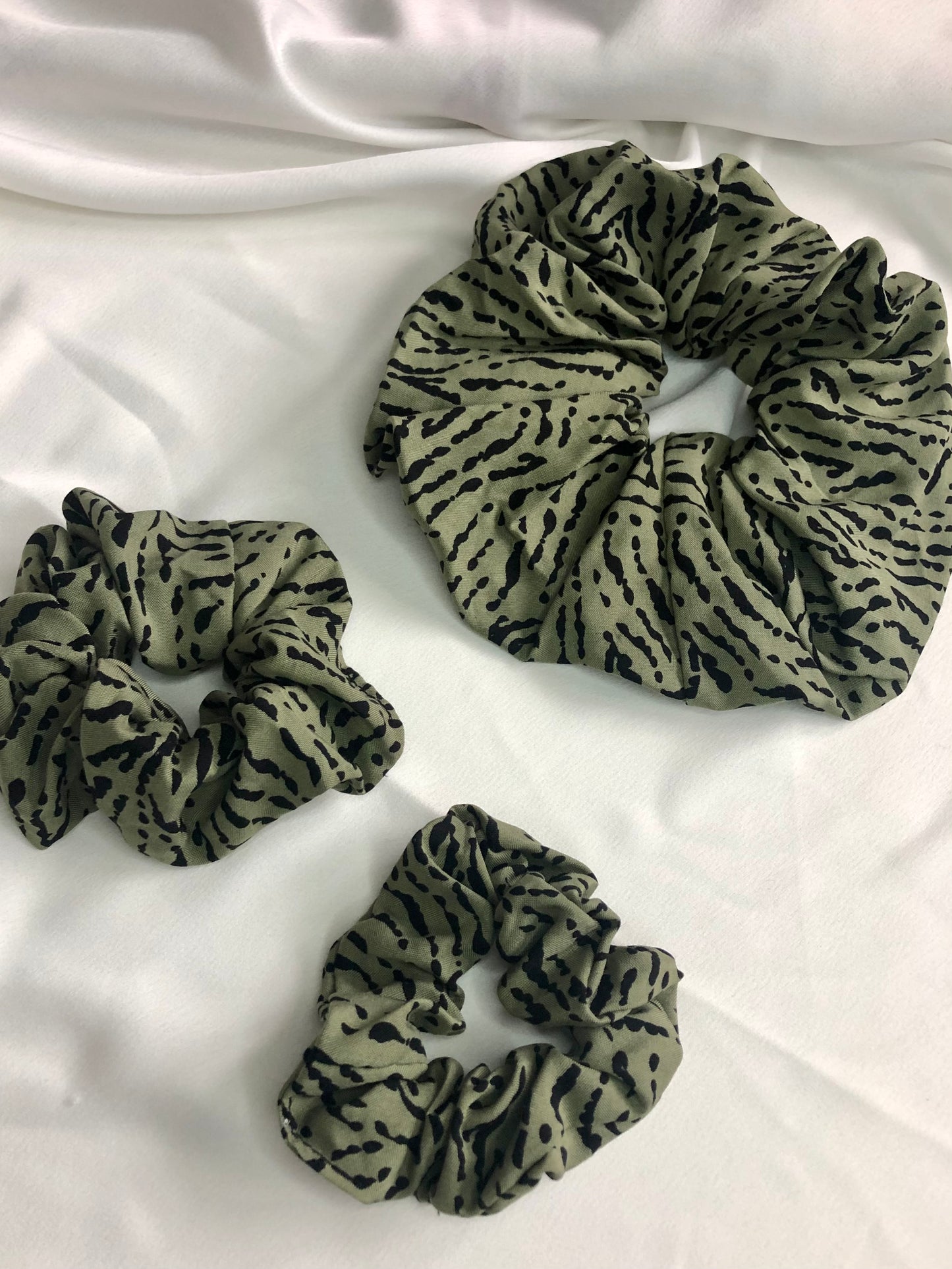 Khaki and black print scrunchie - choose size