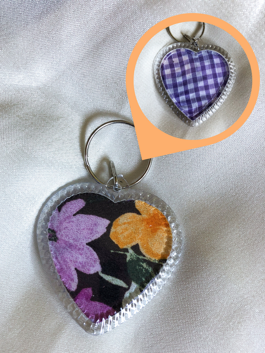 Heart Shaped Keyring - Purple Flower - Upcycled - Duo Design