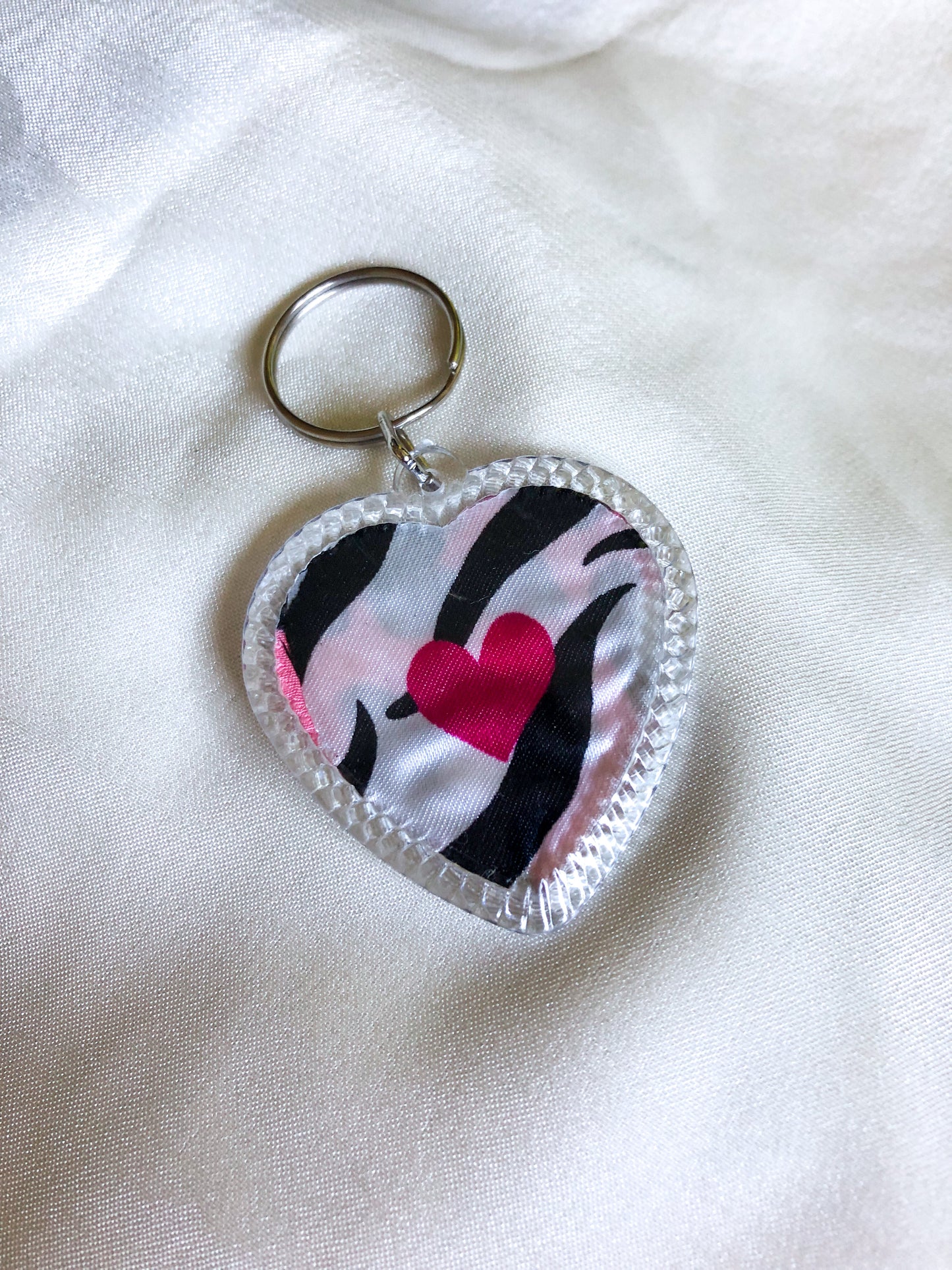 Heart Shaped Keyring - Pink Leopard and Zebra Heart - Upcycled - Duo Design