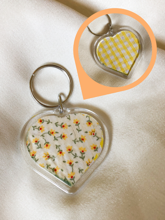 Heart Shaped Keyring - Yellow Sunflower - Upcycled - Duo Design