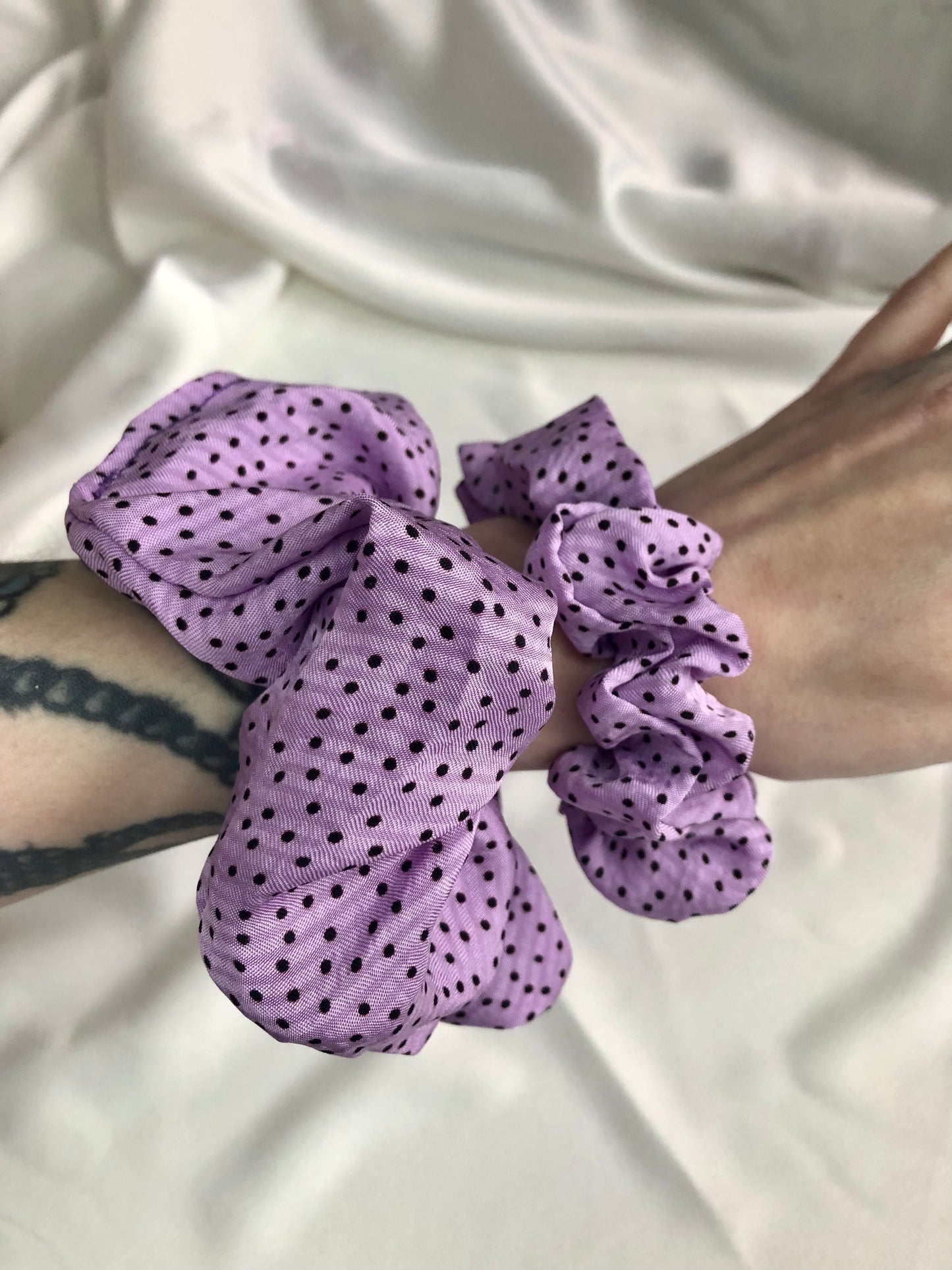 Lilac polka dot satin scrunchie - choose size