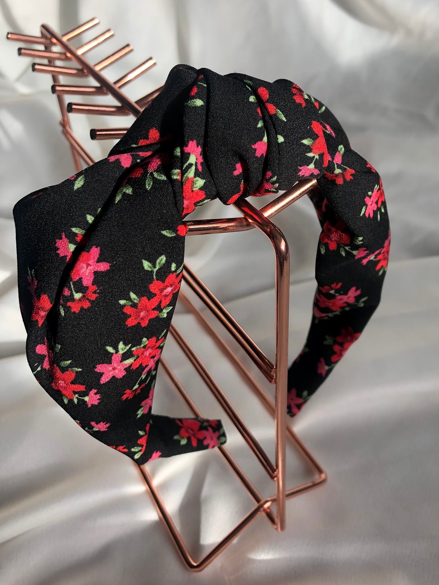 Pink and Red Floral on Black Classic Hair Band - deadstock