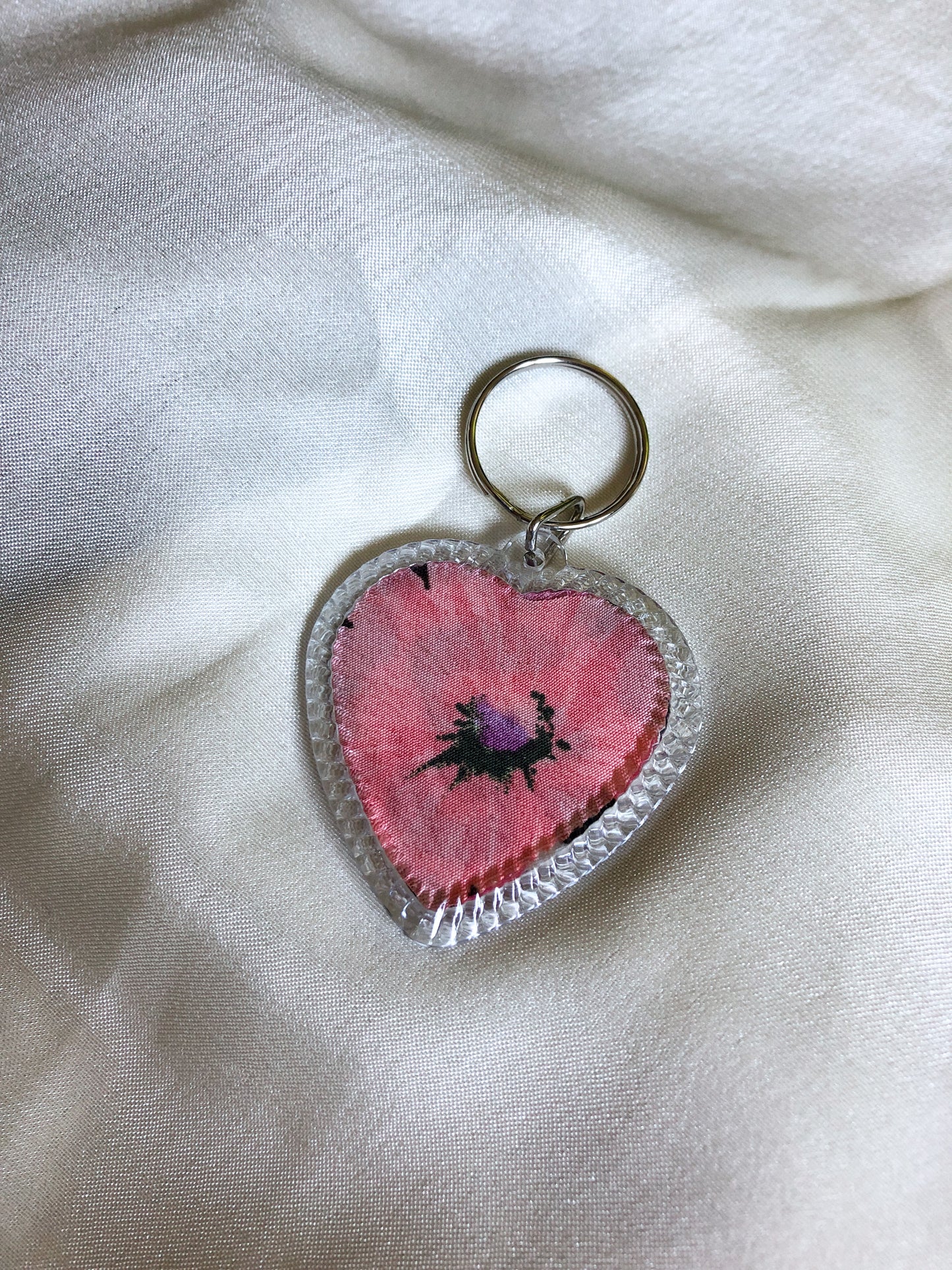 Heart Shaped Keyring - Pink Leopard and Flower - Upcycled - Duo Design