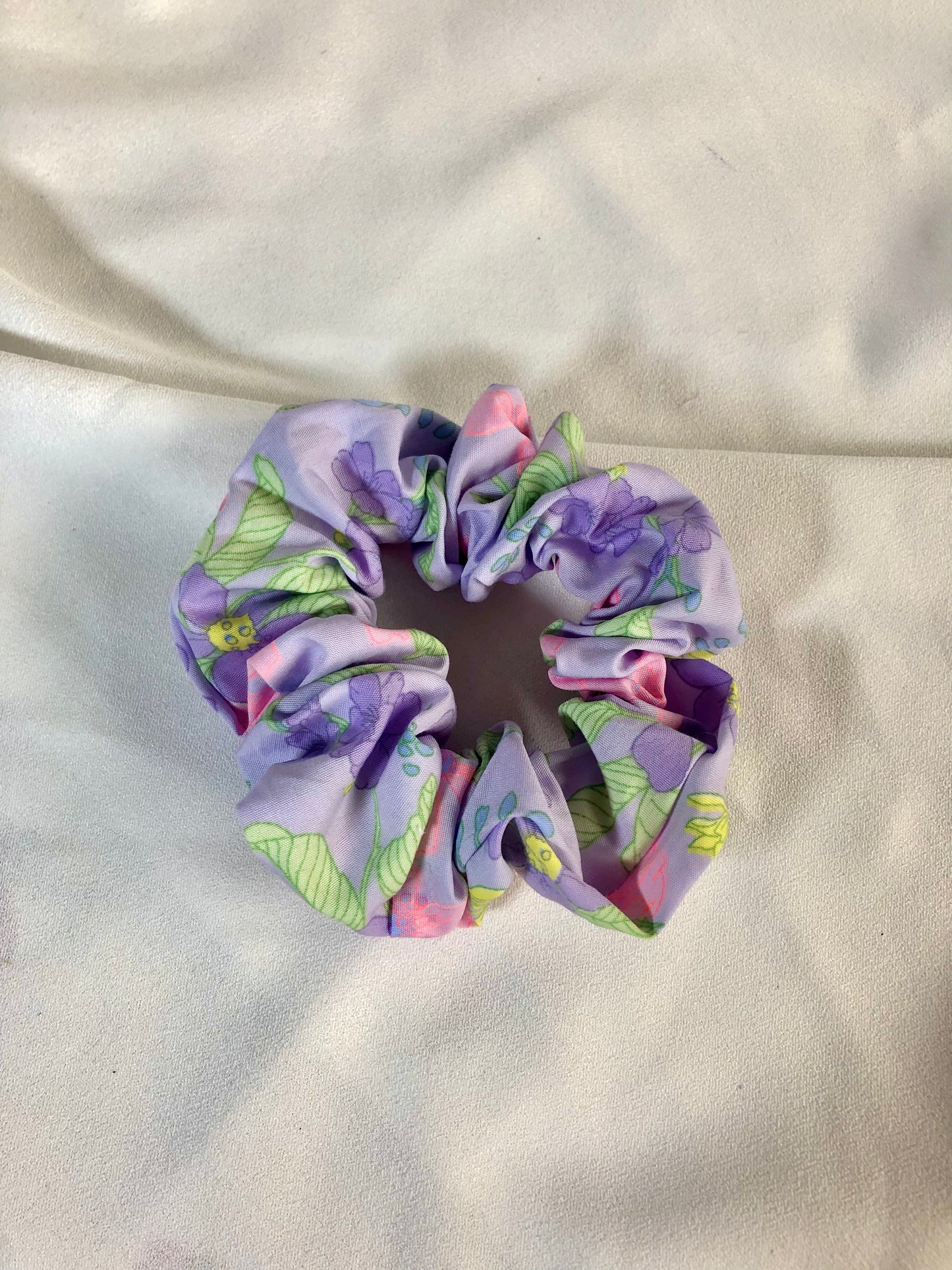 Lillia Lilac, Green & Pink Floral Hair Scrunchie - choose size