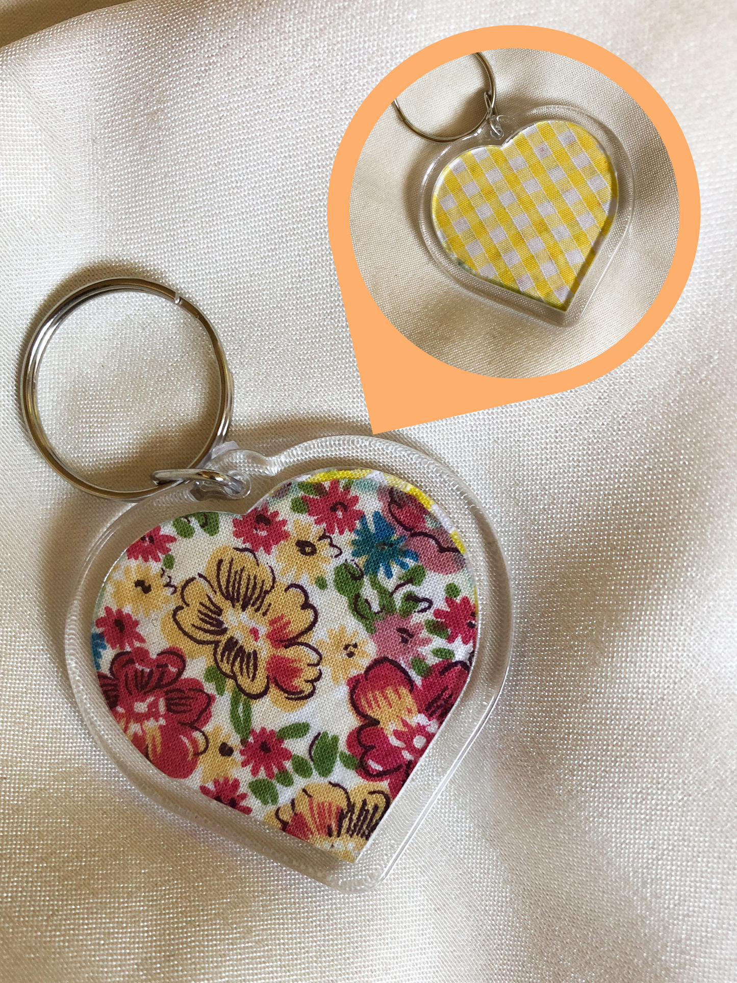Heart Shaped Keyring - Yellow Floral - Upcycled - Duo Design