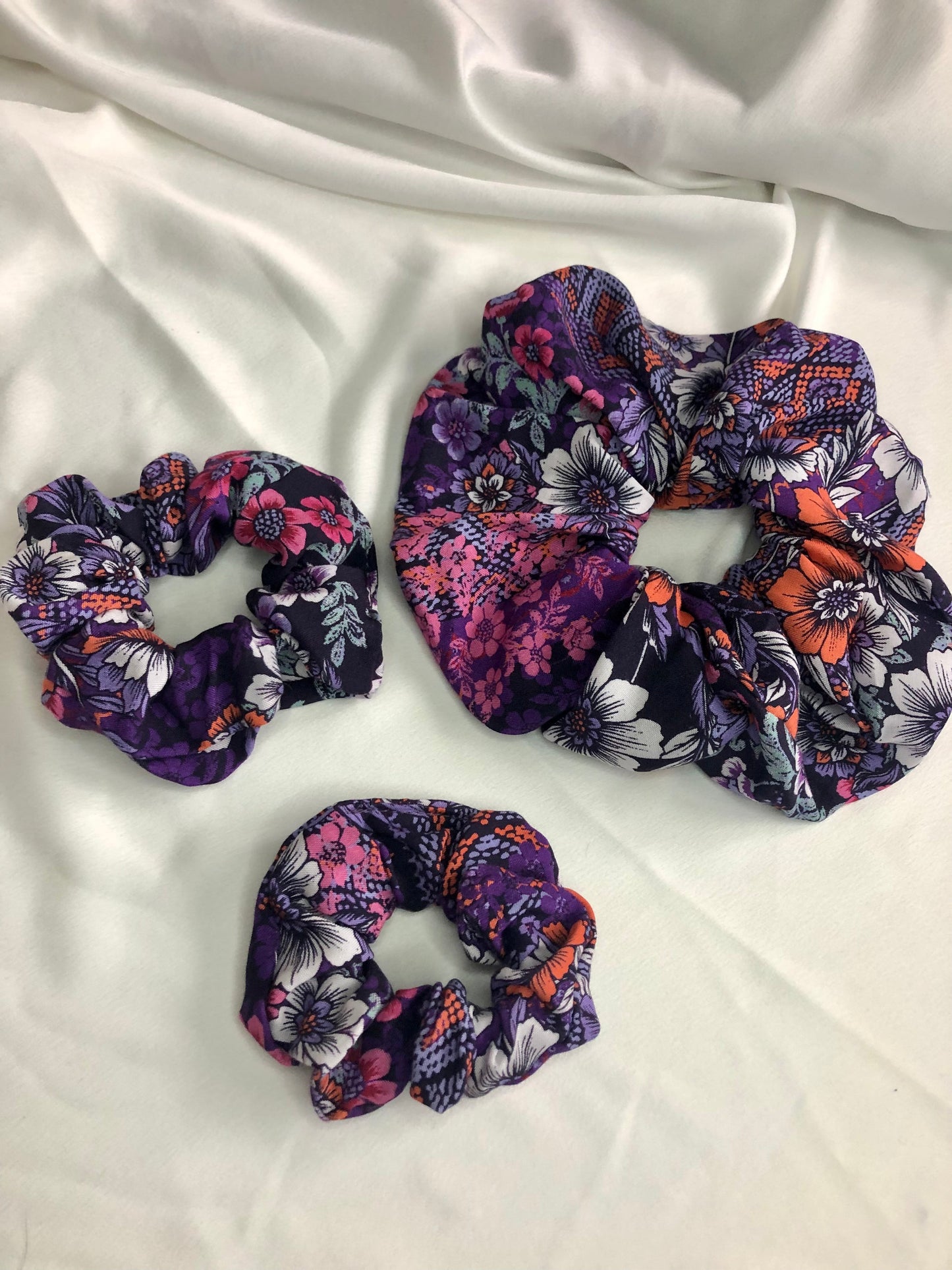Purple & orange floral print scrunchie - choose size