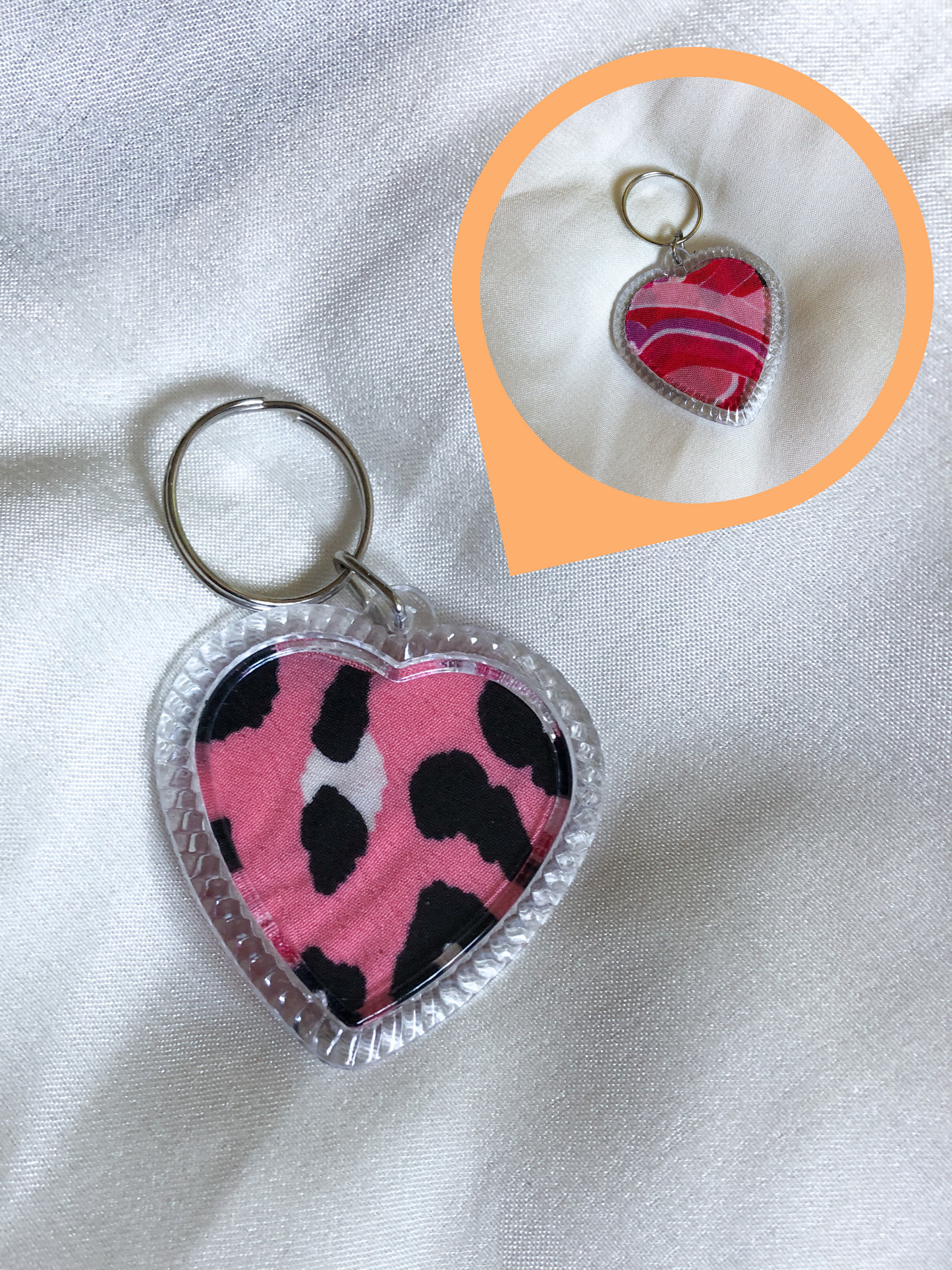 Heart Shaped Keyring - Pink Leopard - Upcycled - Duo Design
