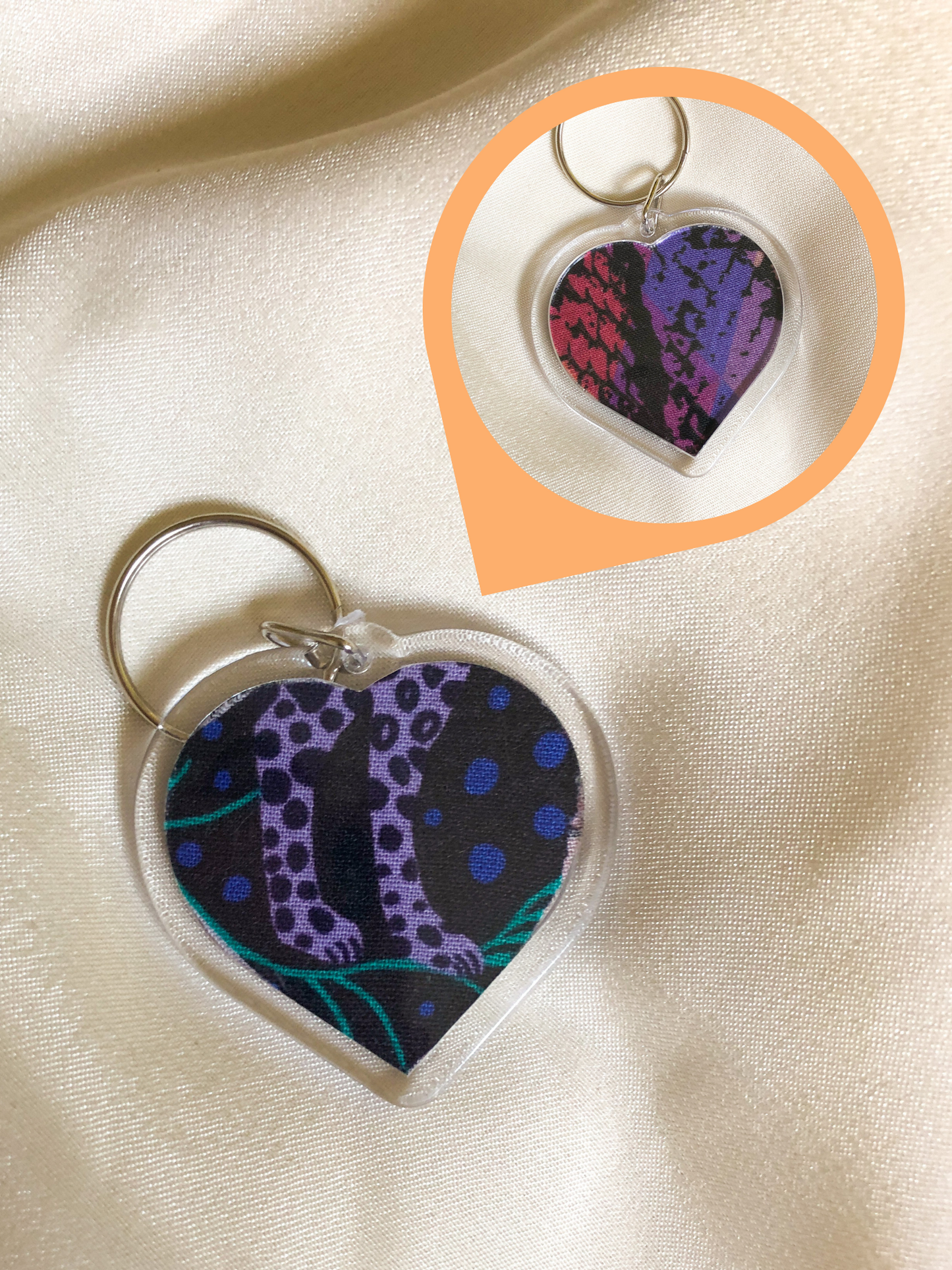 Heart Shaped Keyring - Purple Animal - Upcycled - Duo Design