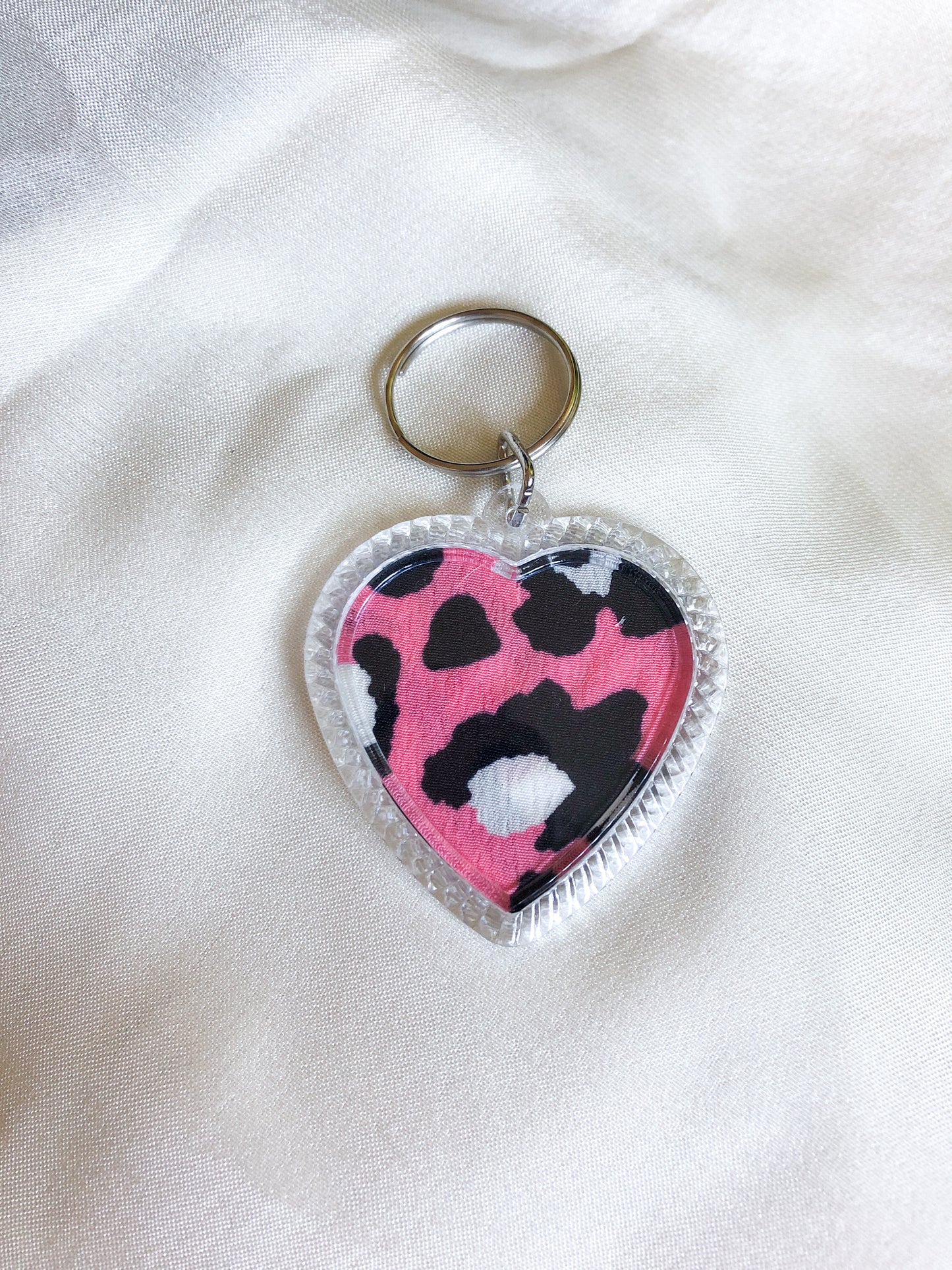 Heart Shaped Keyring - Pink Leopard and Zebra Heart - Upcycled - Duo Design