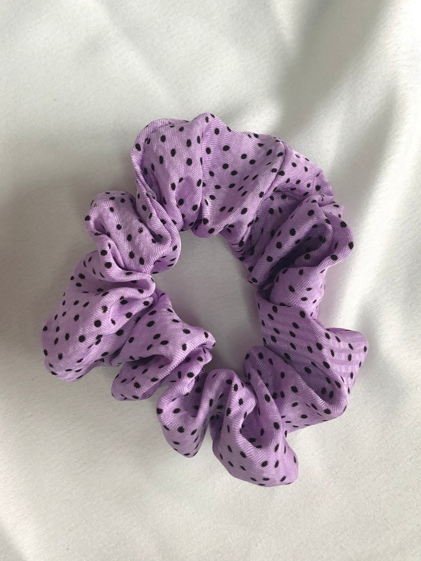 Lilac polka dot satin scrunchie - choose size