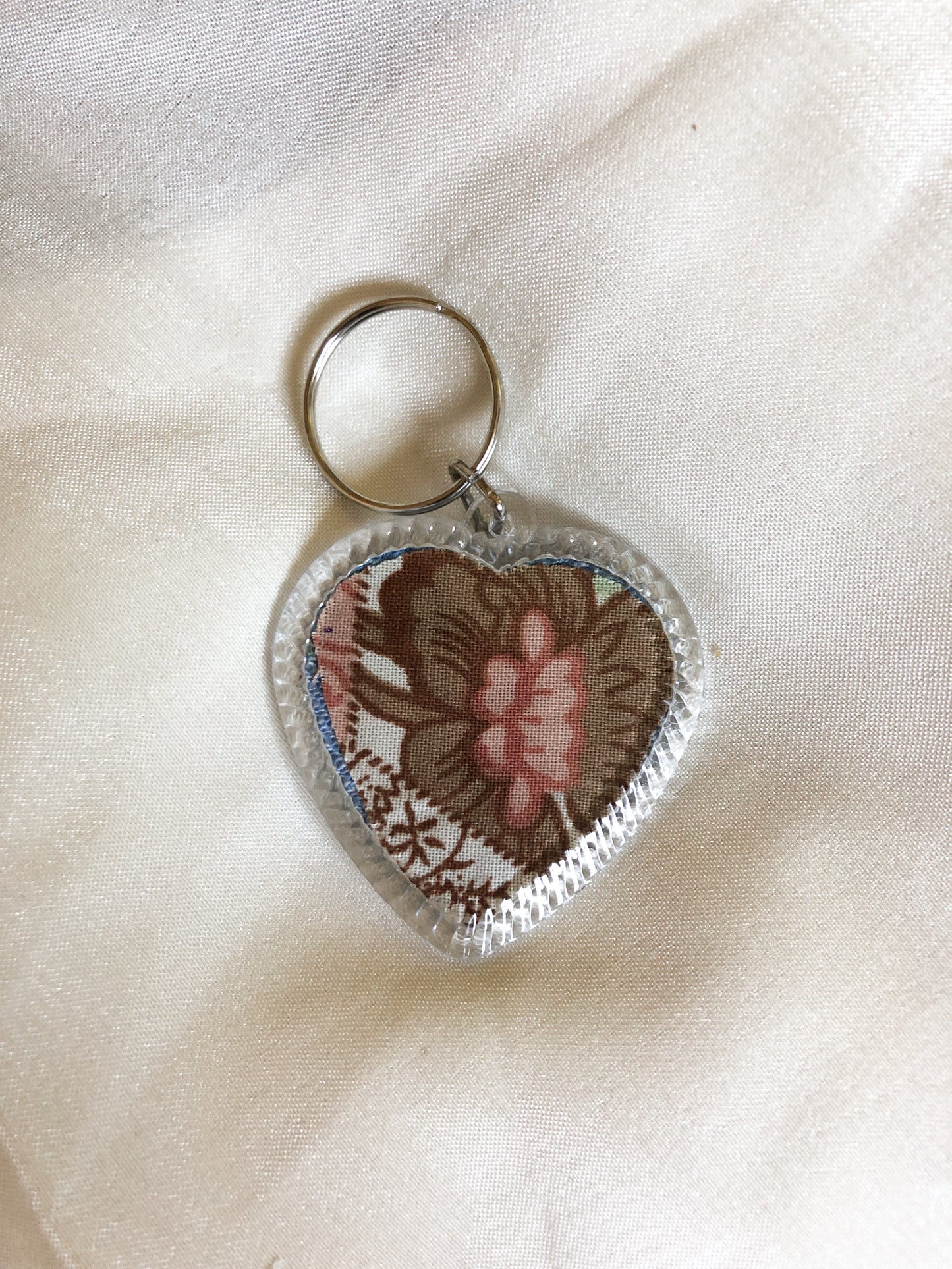 Heart Shaped Keyring - Brown and Denim Floral - Upcycled - Duo Design