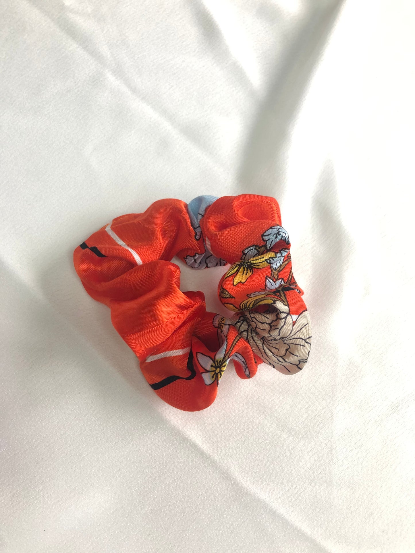 Orange floral satin scrunchie - choose size