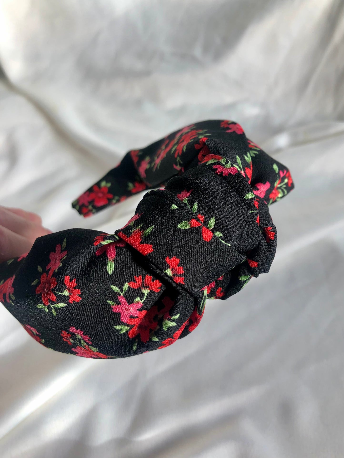 Pink and Red Floral on Black Classic Hair Band - deadstock